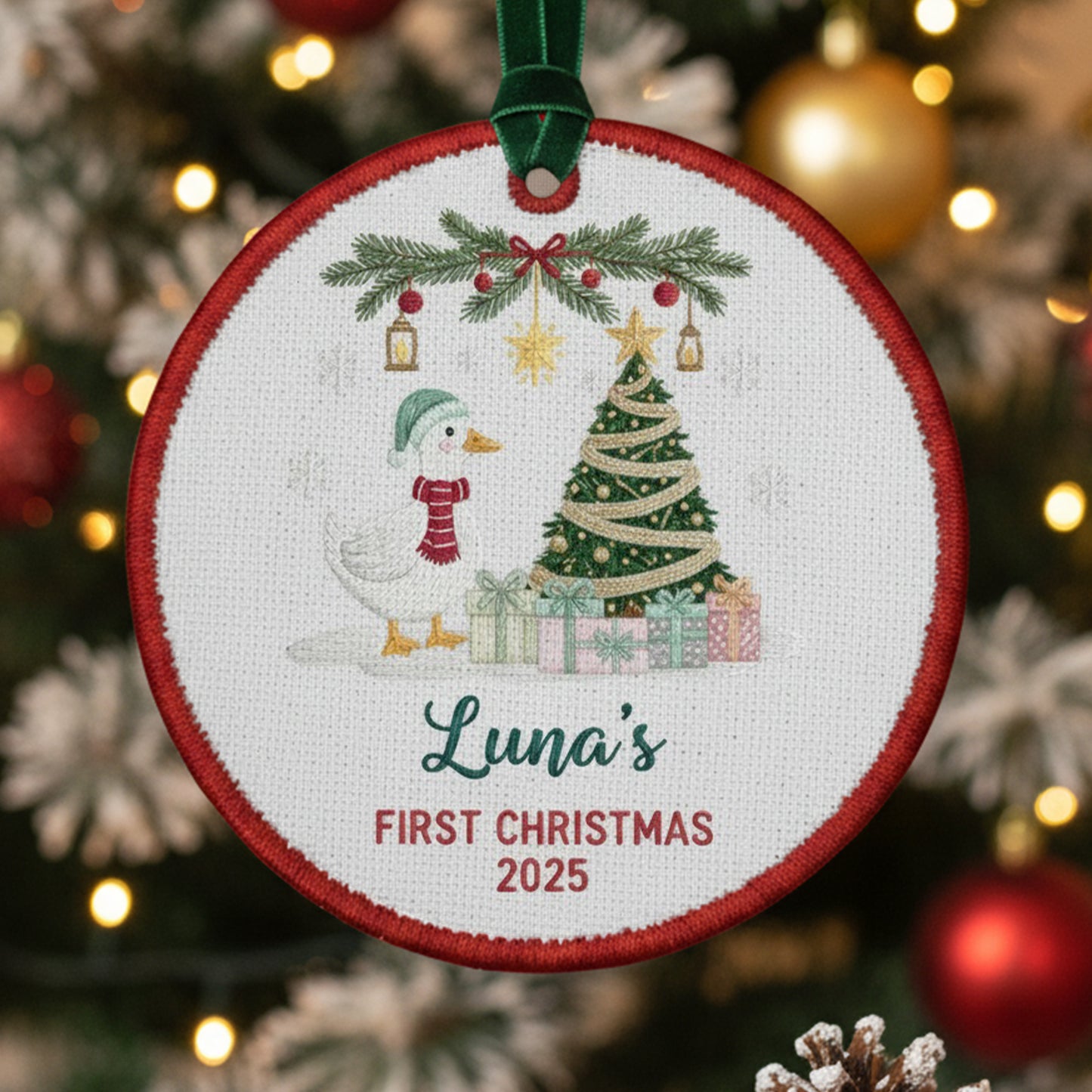 Personalized Embroidered Baby’s First Christmas Goose Ornament 2025, Custom Canvas Keepsake Gift for Newborn, Christmas Embroidered Ornament