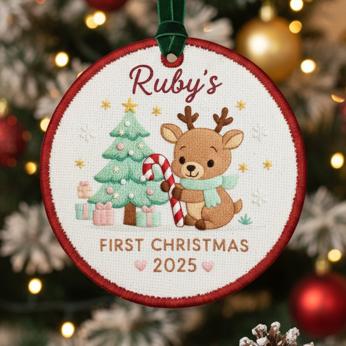Personalized Embroidered Baby’s First Christmas Ornament 2025 – Custom Canvas Reindeer with Candy Cane Keepsake Gift, Embroidered Ornament