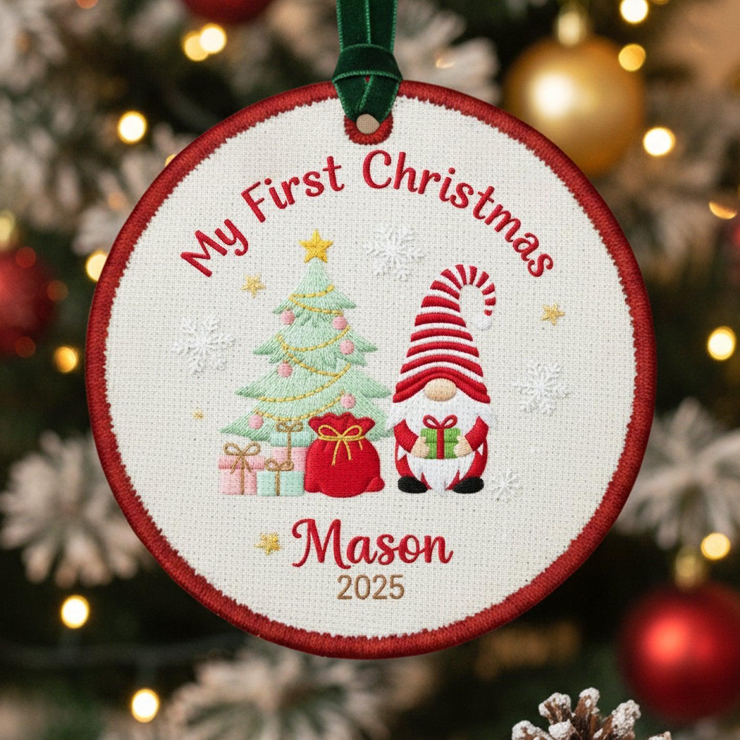 Personalized Embroidered Baby’s First Christmas Gnome Ornament 2025 – Custom Canvas Keepsake Gift for Newborn, Embroidered Ornament