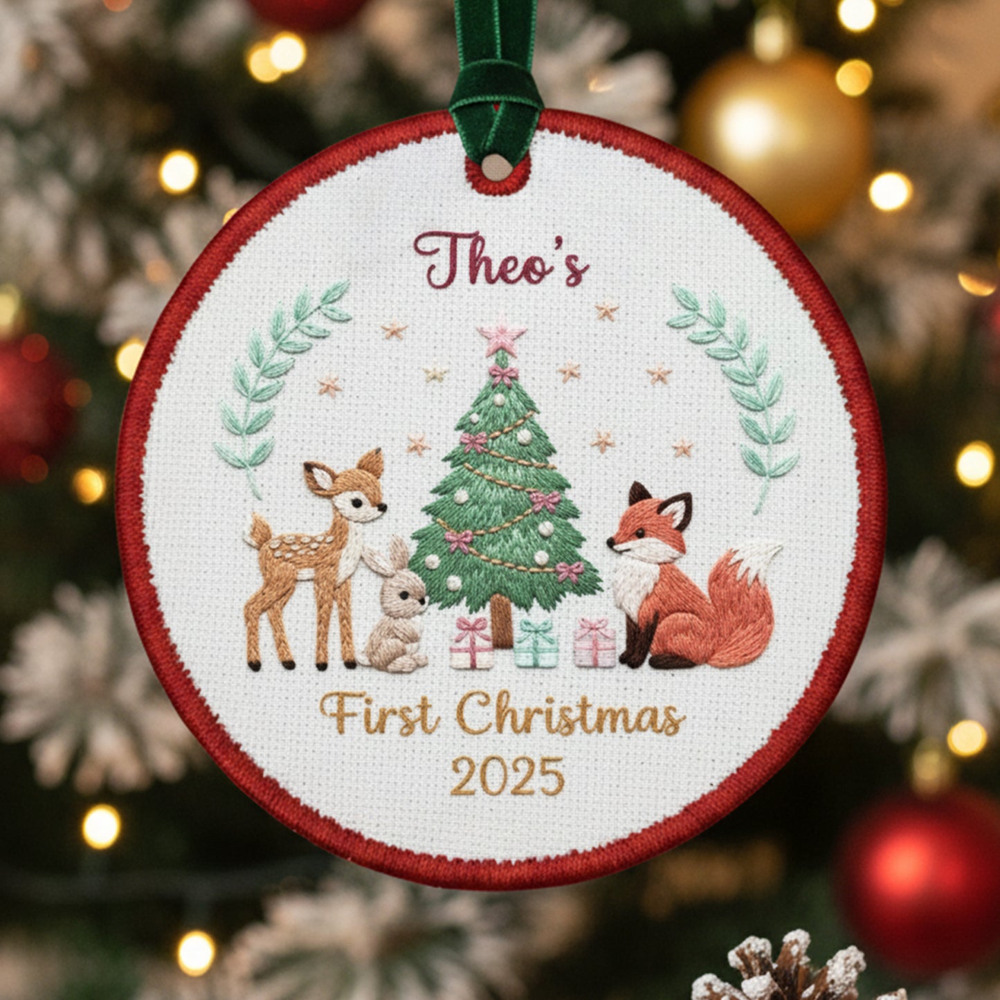 Personalized Embroidered Baby’s First Christmas Ornament 2025 – Woodland Animals Canvas Keepsake Gift for Newborn, Xmas Embroidered Ornament