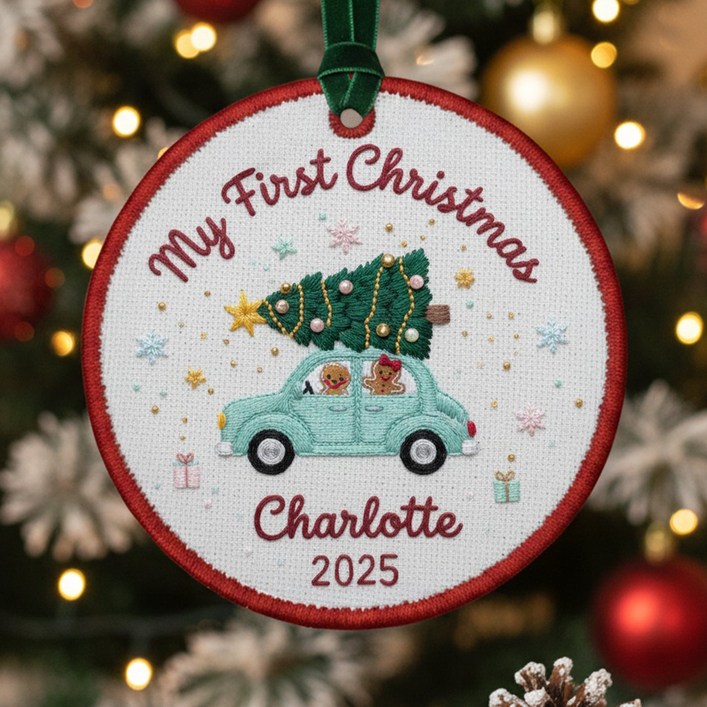 Personalized Embroidered My First Christmas Ornament 2025 – Custom Canvas Car with Tree Baby Keepsake Gift, Christmas Embroidered Ornament