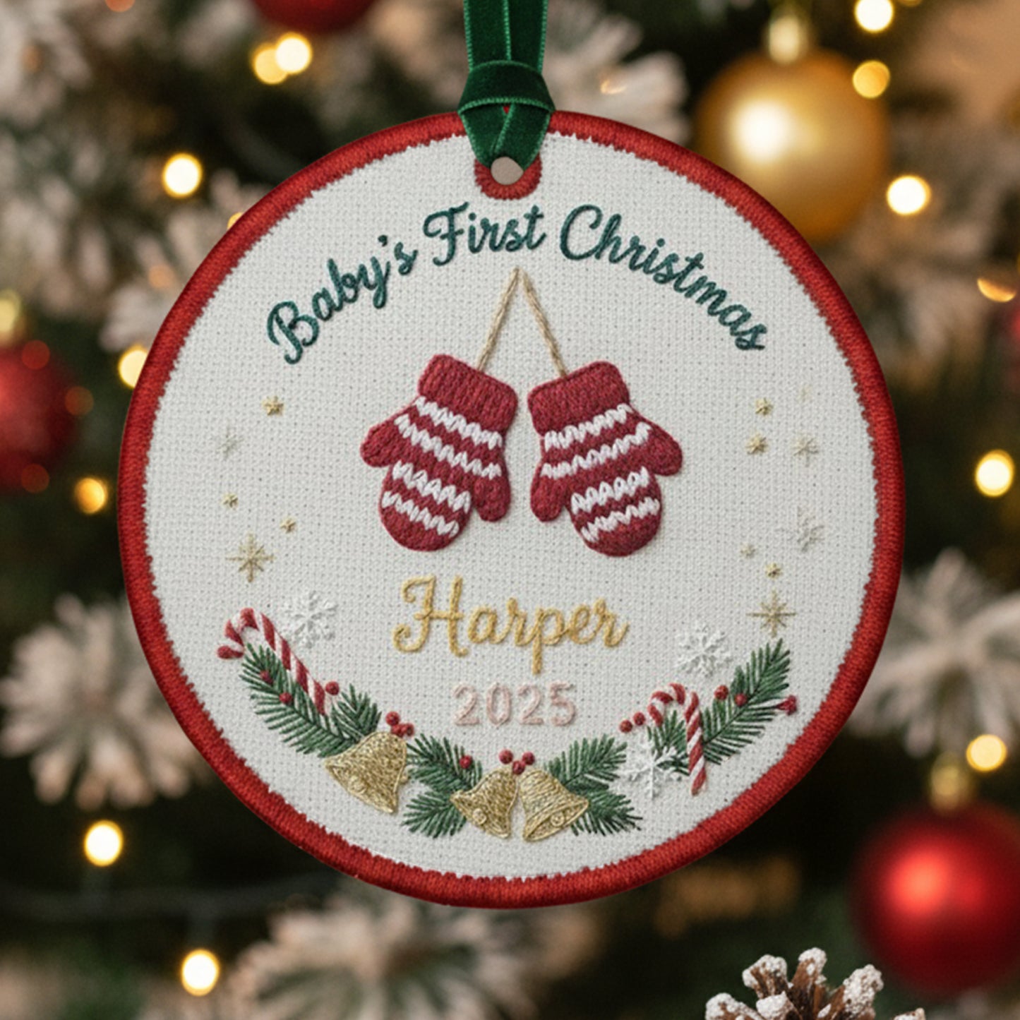 Personalized Embroidered Baby’s First Christmas Ornament 2025 – Custom Canvas Mittens Keepsake Gift for Newborn, Xmas Embroidered Ornament