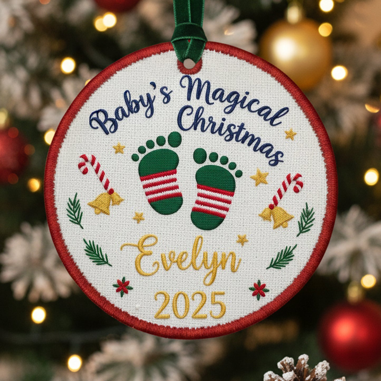 Personalized Embroidered Baby’s Magical First Christmas Ornament 2025 – Custom Canvas Keepsake Gift for Newborn, Xmas Embroidered Ornament