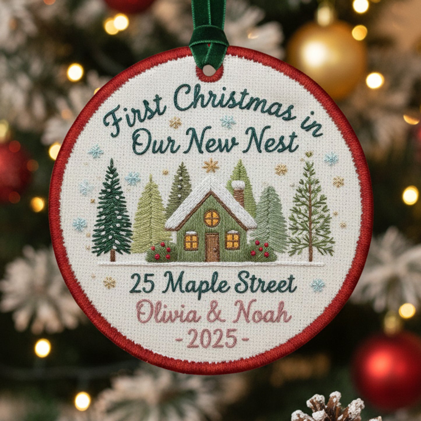 Personalized Embroidered First Christmas in Our New Home Ornament 2025 – Custom Canvas New House Keepsake Gift, Xmas Embroidered Ornament