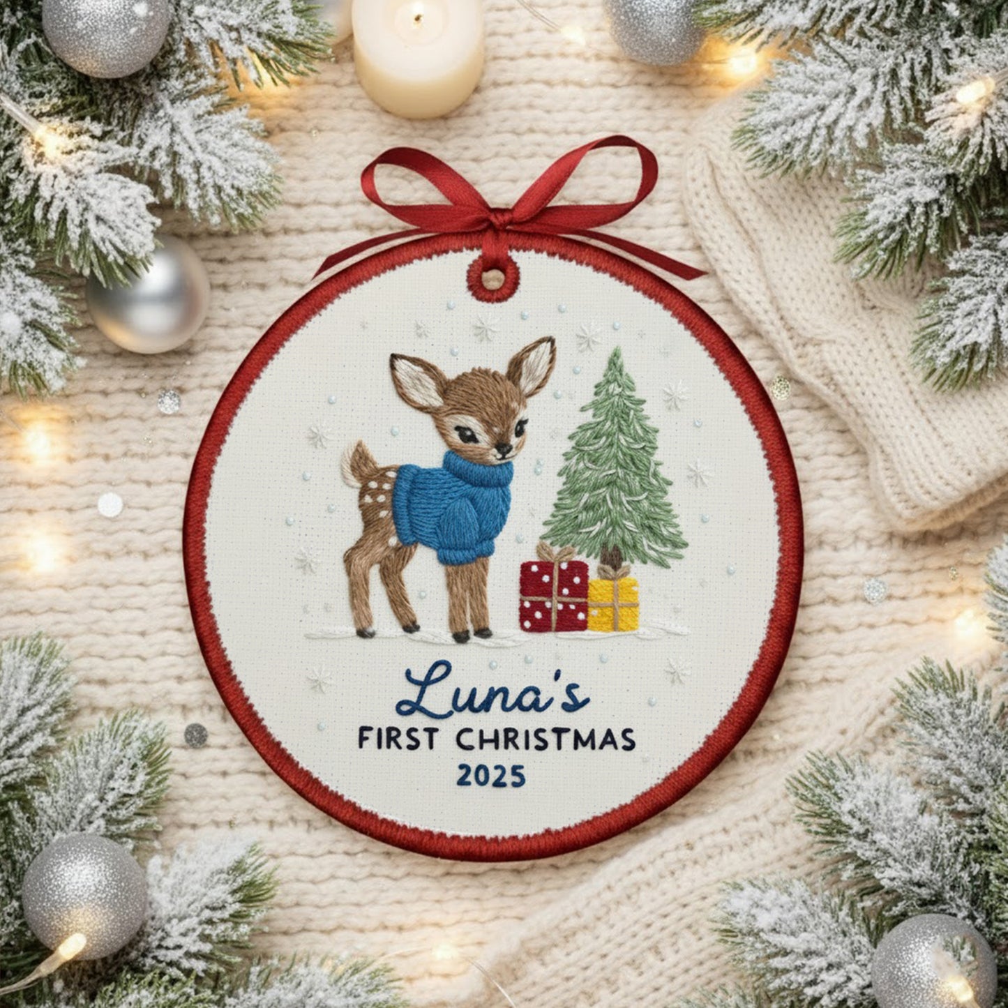 Personalized Embroidered Baby’s First Christmas Ornament 2025 – Custom Canvas Reindeer Keepsake Gift for Newborn, New Baby Gift