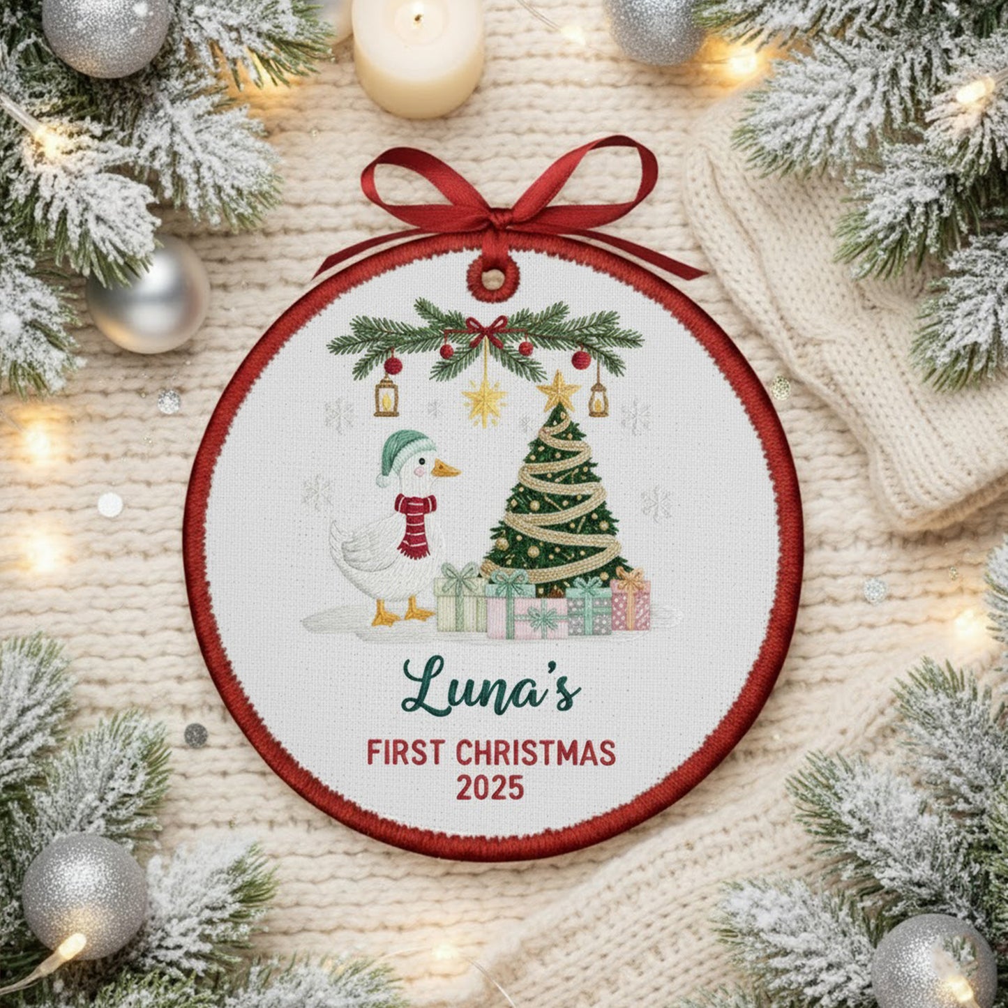 Personalized Embroidered Baby’s First Christmas Goose Ornament 2025, Custom Canvas Keepsake Gift for Newborn, Christmas Embroidered Ornament