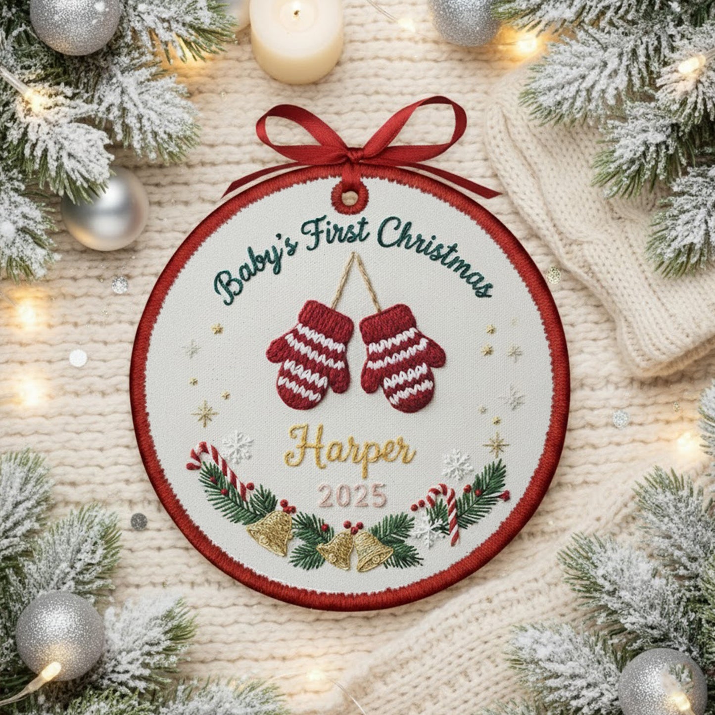 Personalized Embroidered Baby’s First Christmas Ornament 2025 – Custom Canvas Mittens Keepsake Gift for Newborn, Xmas Embroidered Ornament