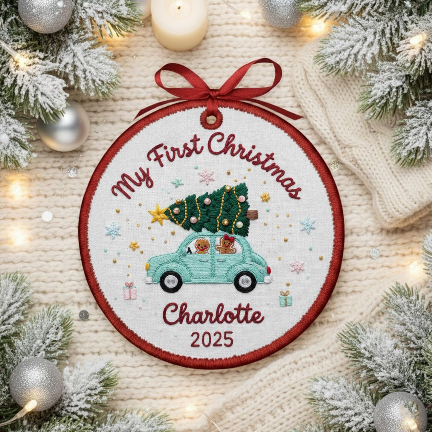 Personalized Embroidered My First Christmas Ornament 2025 – Custom Canvas Car with Tree Baby Keepsake Gift, Christmas Embroidered Ornament