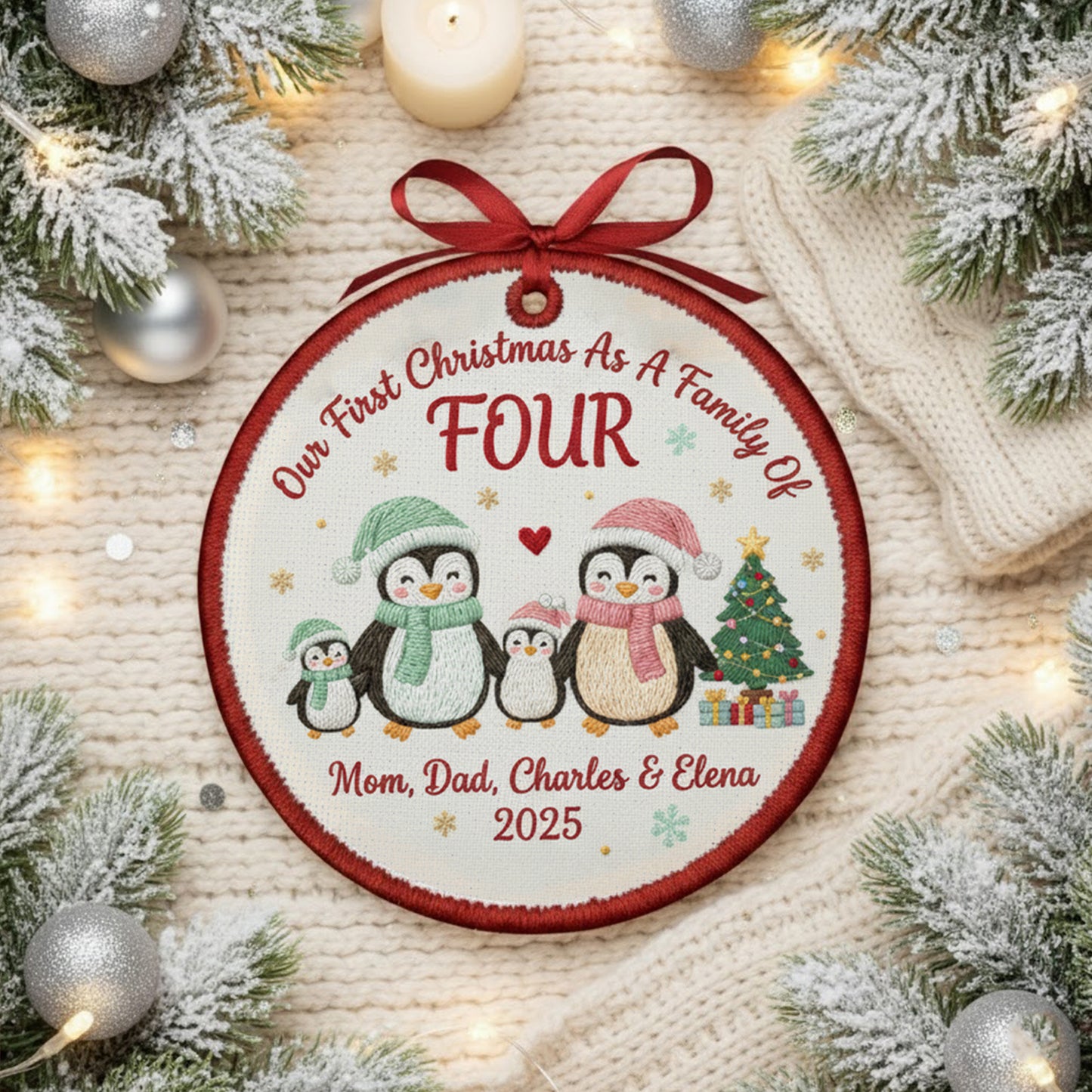 Embroidered Family of Three Penguin Christmas Ornament, Personalized Canvas Keepsake for New Family, Christmas Embroidered Ornament