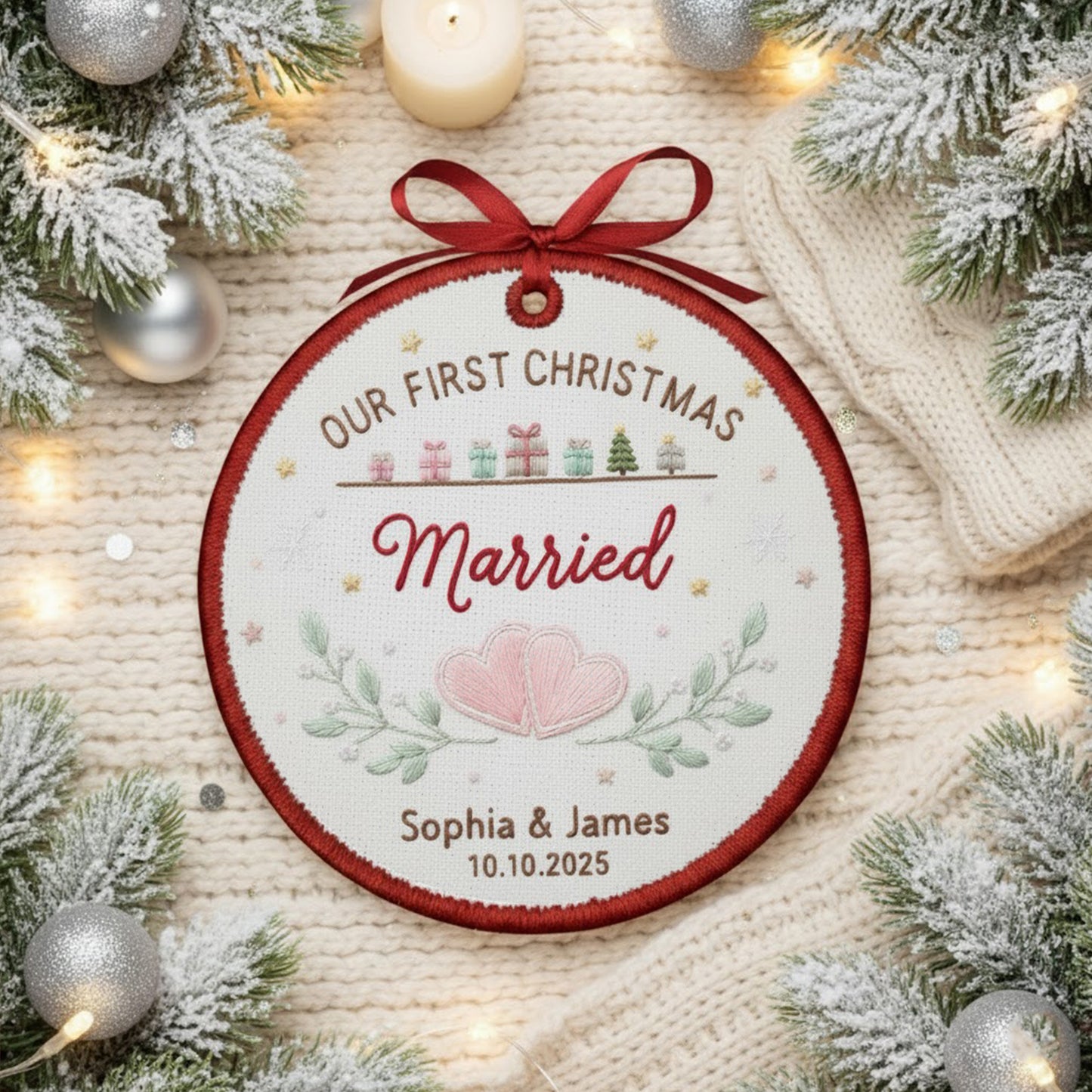 Personalized Embroidered Our First Christmas Married Ornament 2025 – Custom Canvas Wedding Keepsake Gift for Newlyweds, Embroidered Ornament