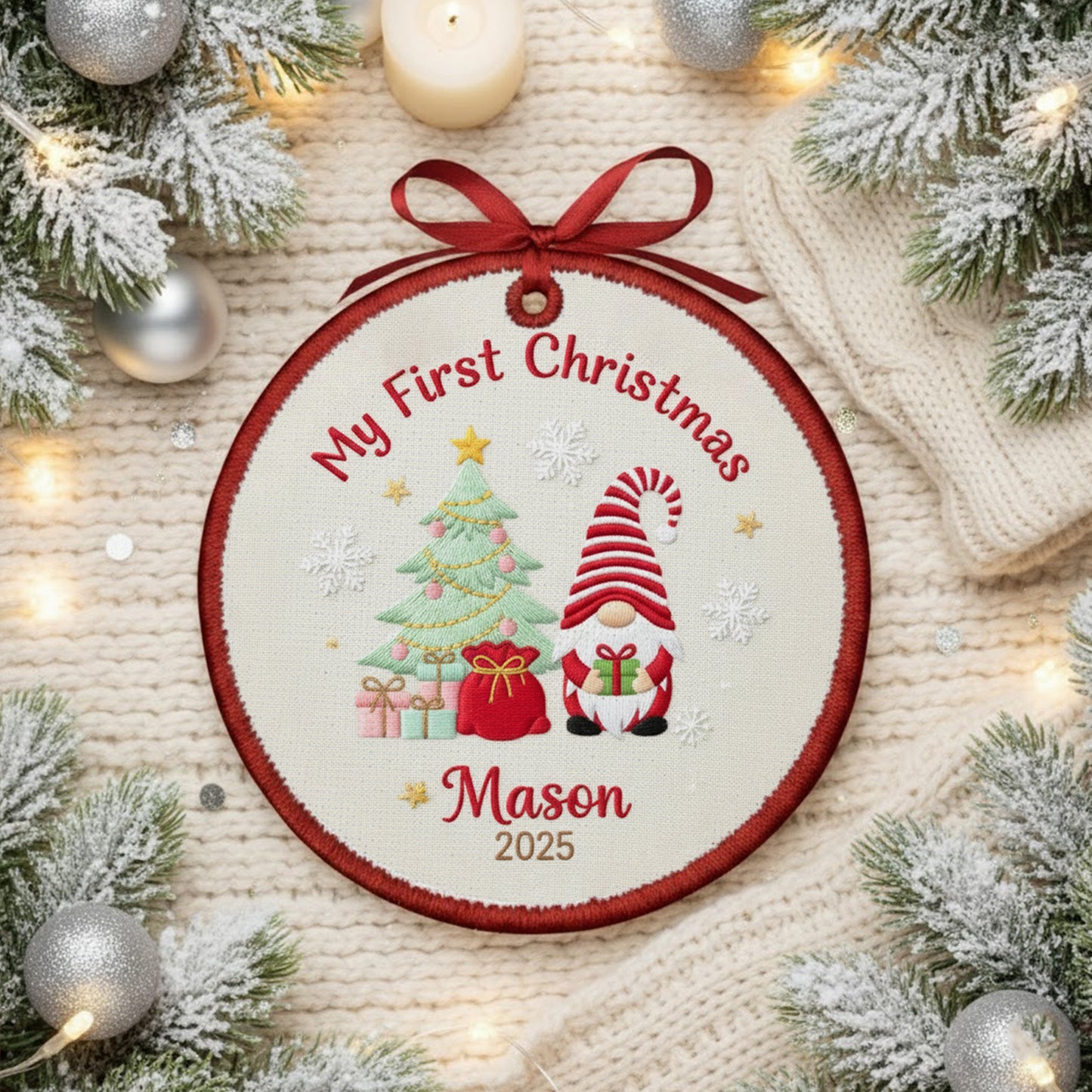 Personalized Embroidered Baby’s First Christmas Gnome Ornament 2025 – Custom Canvas Keepsake Gift for Newborn, Embroidered Ornament