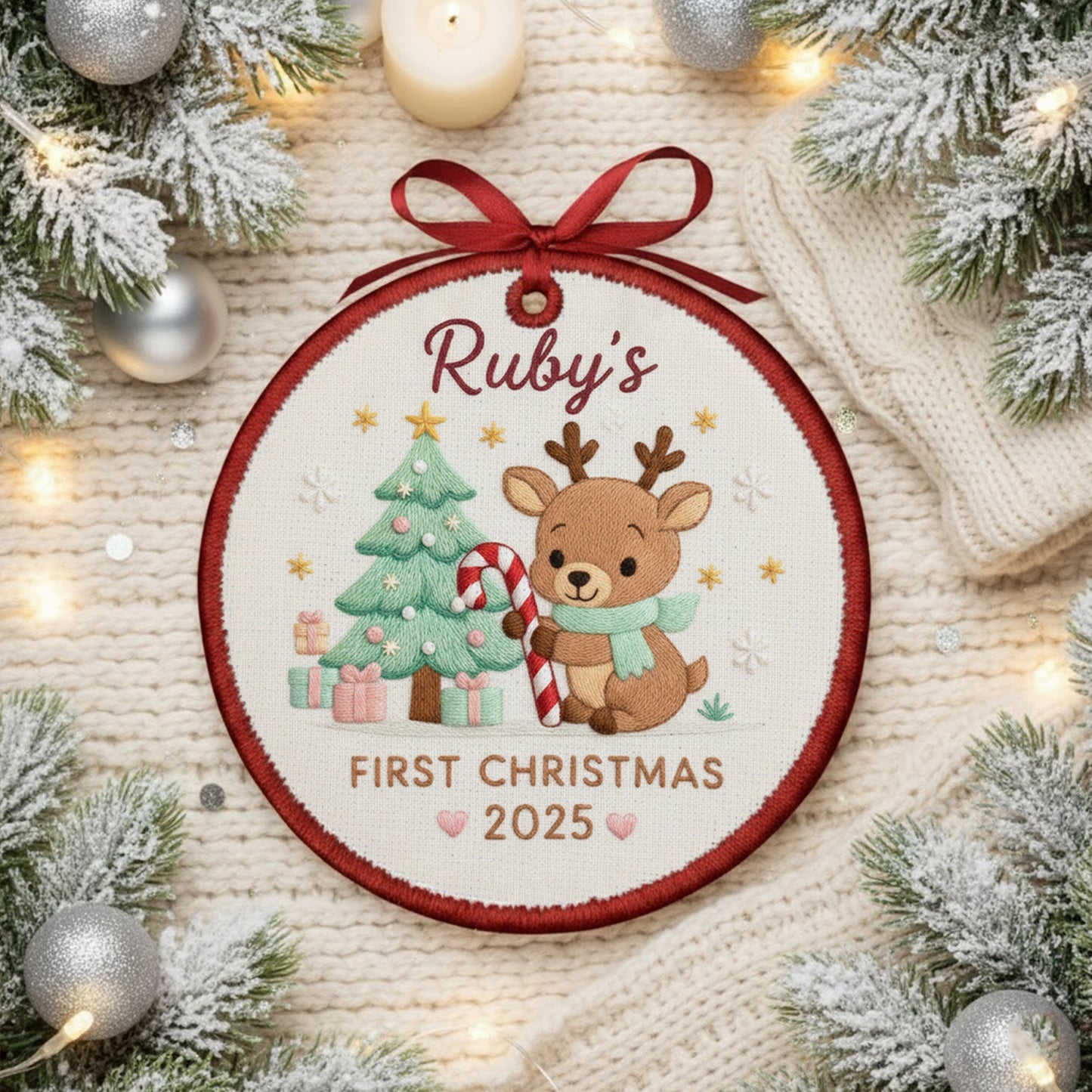 Personalized Embroidered Baby’s First Christmas Ornament 2025 – Custom Canvas Reindeer with Candy Cane Keepsake Gift, Embroidered Ornament