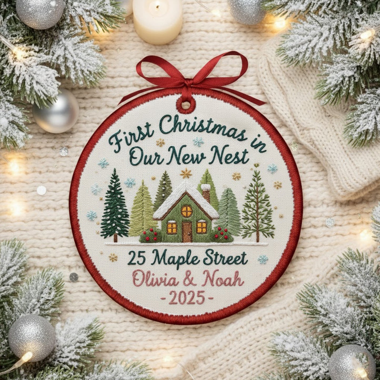 Personalized Embroidered First Christmas in Our New Home Ornament 2025 – Custom Canvas New House Keepsake Gift, Xmas Embroidered Ornament