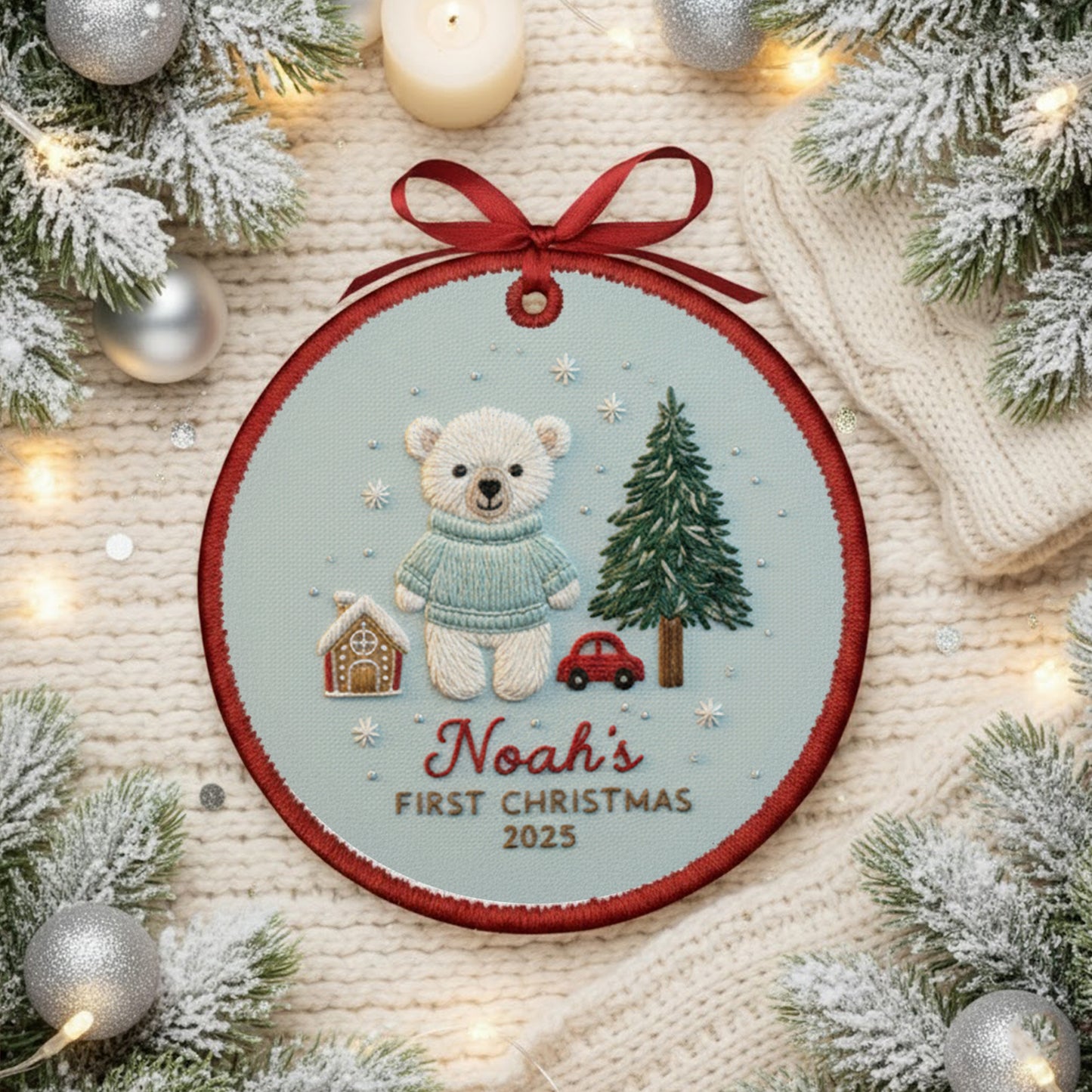 Personalized Embroidered Baby’s First Christmas Ornament 2025 – Custom Canvas Bear Keepsake Gift for Newborn, Embroidered Ornament for Baby