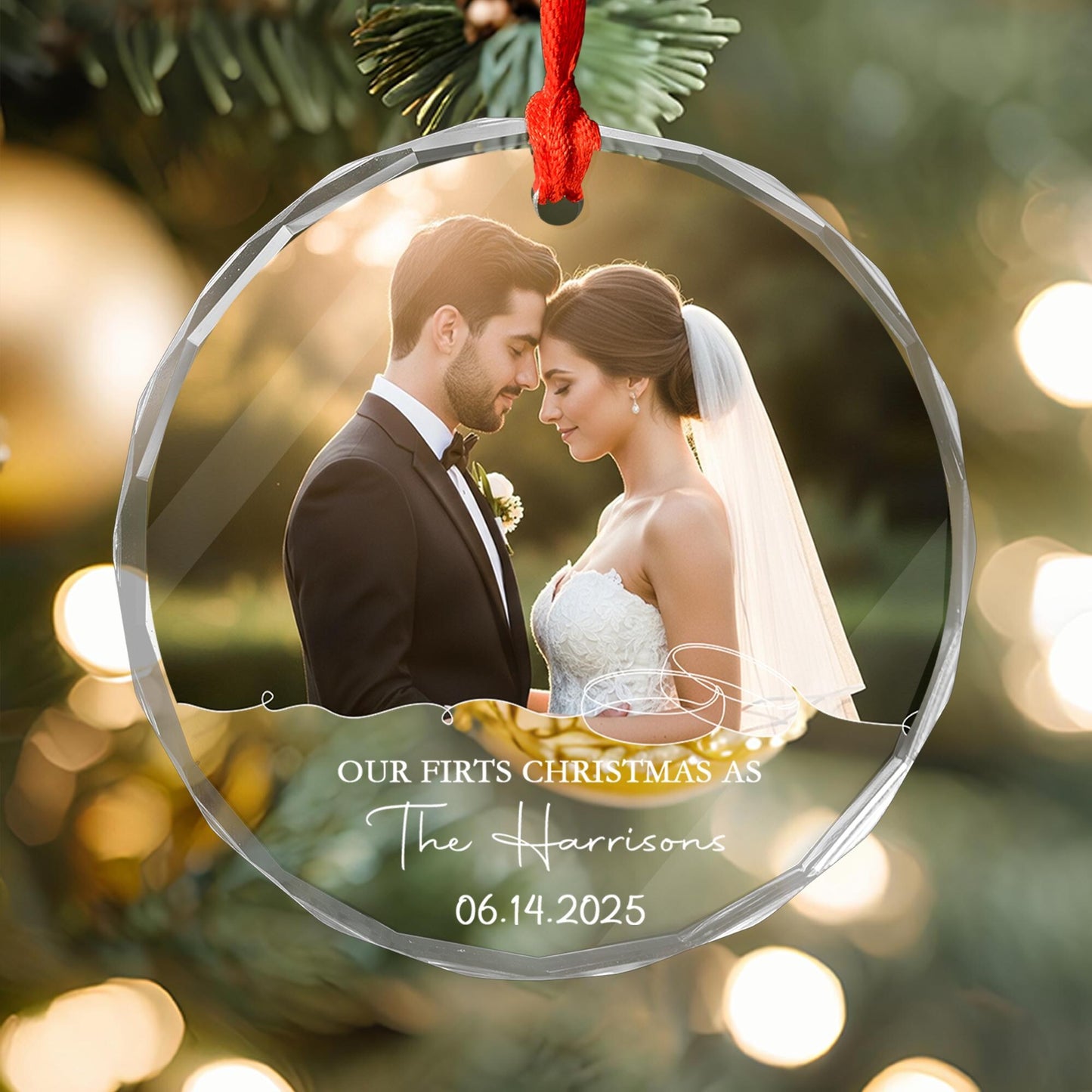 Personalized Wedding Photo Ornament, Newlywed Glass Ornament