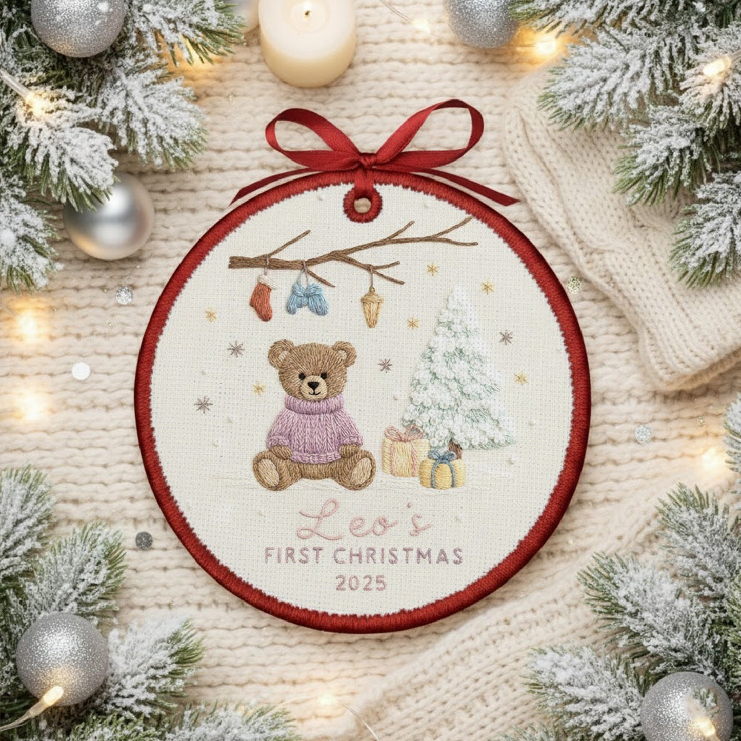 Personalized Embroidered Baby’s First Christmas Ornament 2025 – Custom Canvas Teddy Bear Keepsake Gift for Newborn, Embroidered Ornament