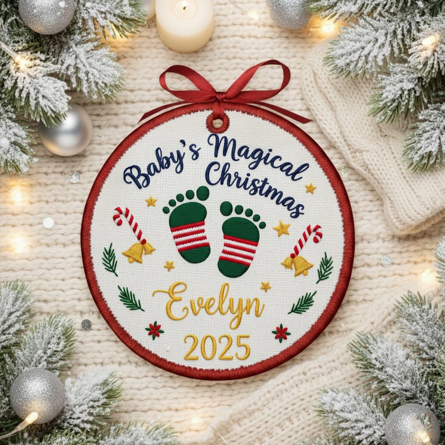 Personalized Embroidered Baby’s Magical First Christmas Ornament 2025 – Custom Canvas Keepsake Gift for Newborn, Xmas Embroidered Ornament