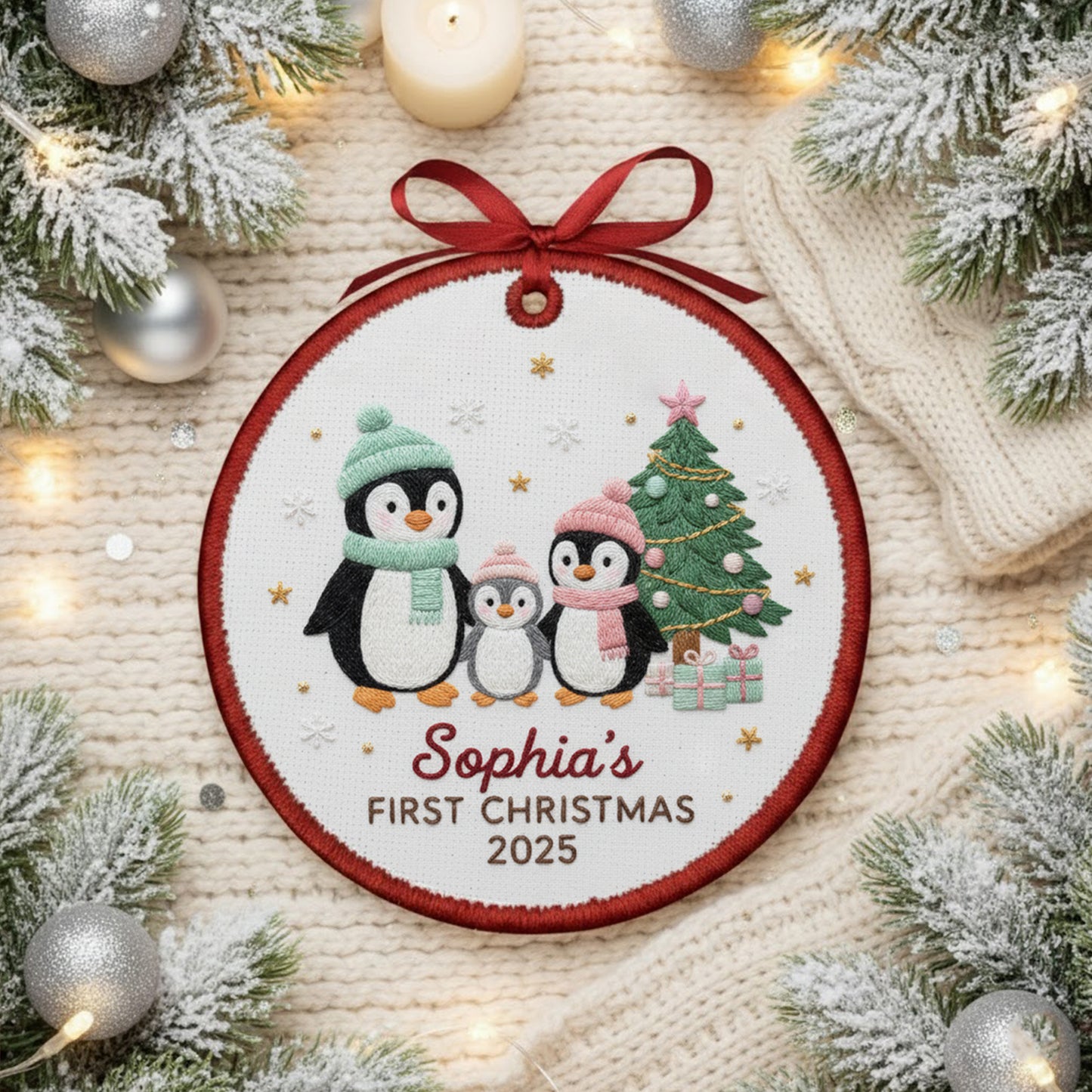 Personalized Embroidered Penguin Family Baby’s First Christmas Ornament – Custom Canvas Keepsake New Family, Christmas Embroidered Ornament