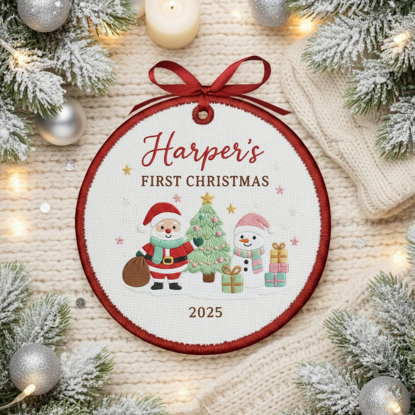 Personalized Embroidered Baby’s First Christmas Ornament 2025 – Santa and Snowman Custom Canvas Keepsake for Newborn, Embroidered Ornament