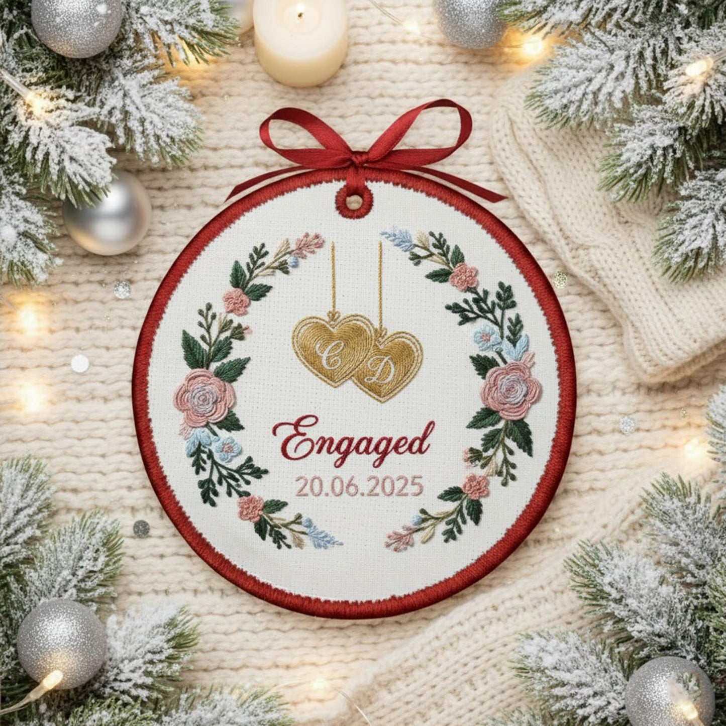 Personalized Embroidered Engagement Ornament 2025 – Custom Canvas Floral Heart Keepsake Gift for Engaged Couples, Xmas Embroidered Ornament