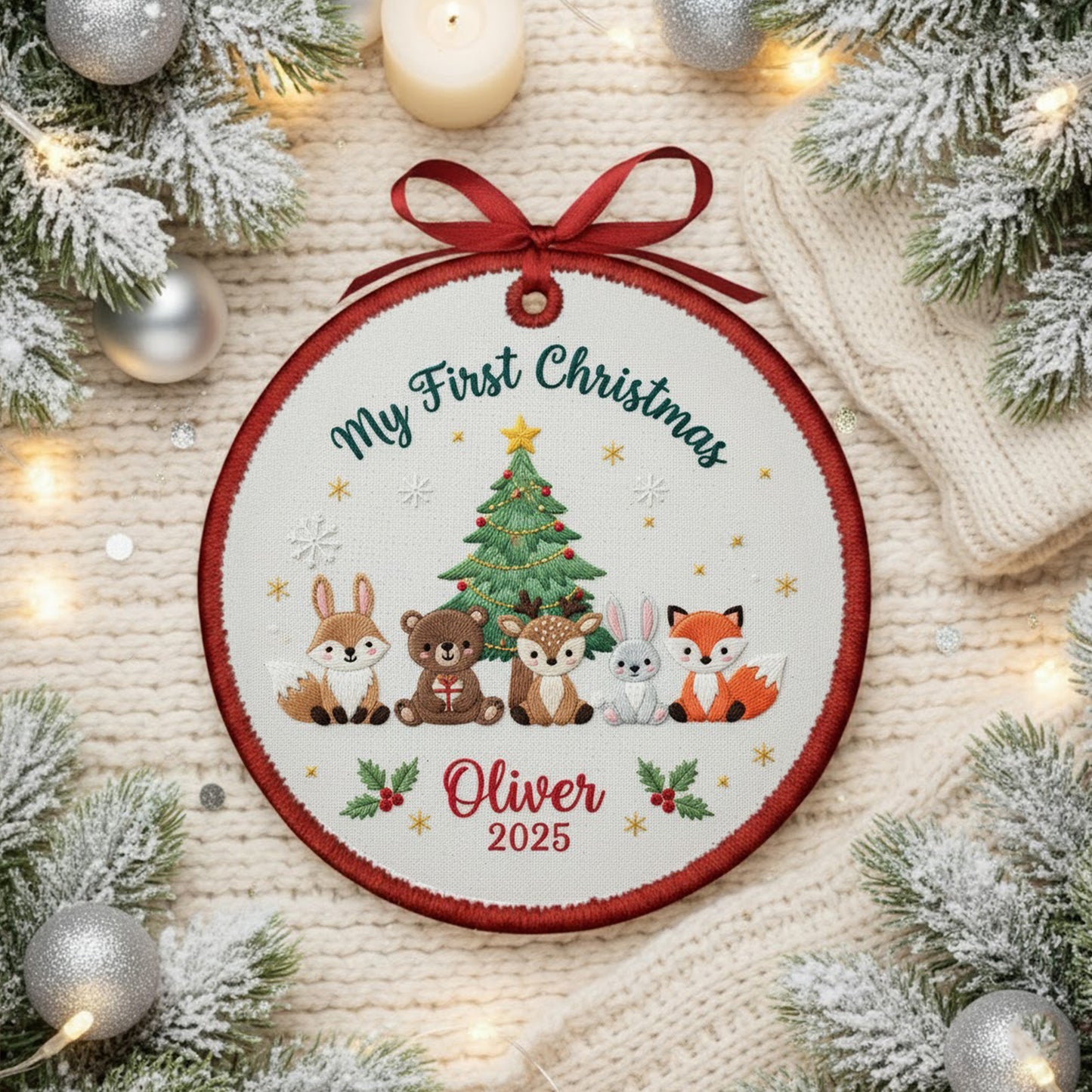 Personalized Embroidered My First Christmas Woodland Animals Ornament 2025 – Custom Canvas Keepsake Gift for Baby, Xmas Embroidered Ornament