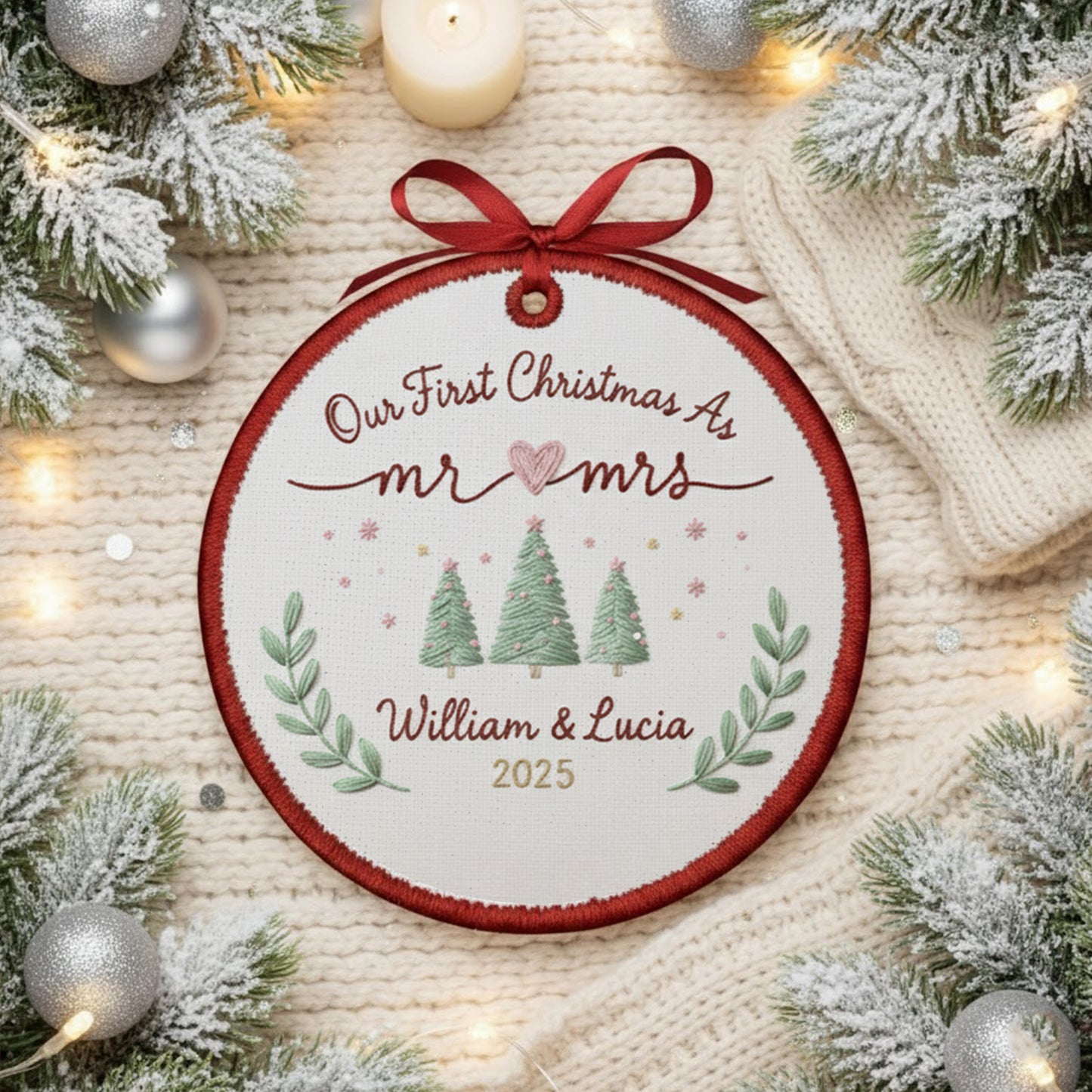 Personalized Embroidered Our First Christmas as Mr & Mrs Ornament 2025, Custom Canvas Newlywed Keepsake Gift,Christmas Embroidered Ornament