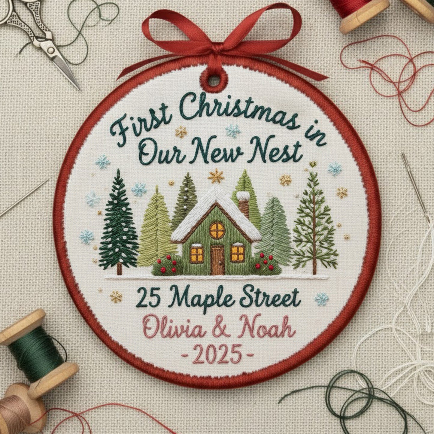 Personalized Embroidered First Christmas in Our New Home Ornament 2025 – Custom Canvas New House Keepsake Gift, Xmas Embroidered Ornament