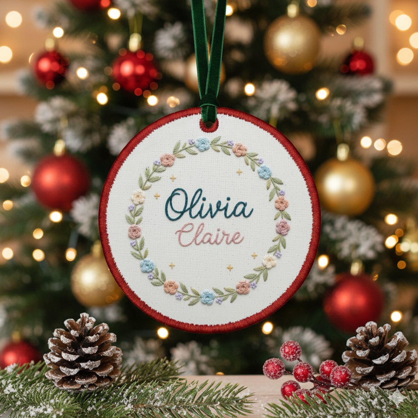Personalized Embroidered Baby Name Hoop Ornament – Custom Floral Canvas Ornament, Nursery Wall Art & Baby Shower Gift, Embroidered Ornament
