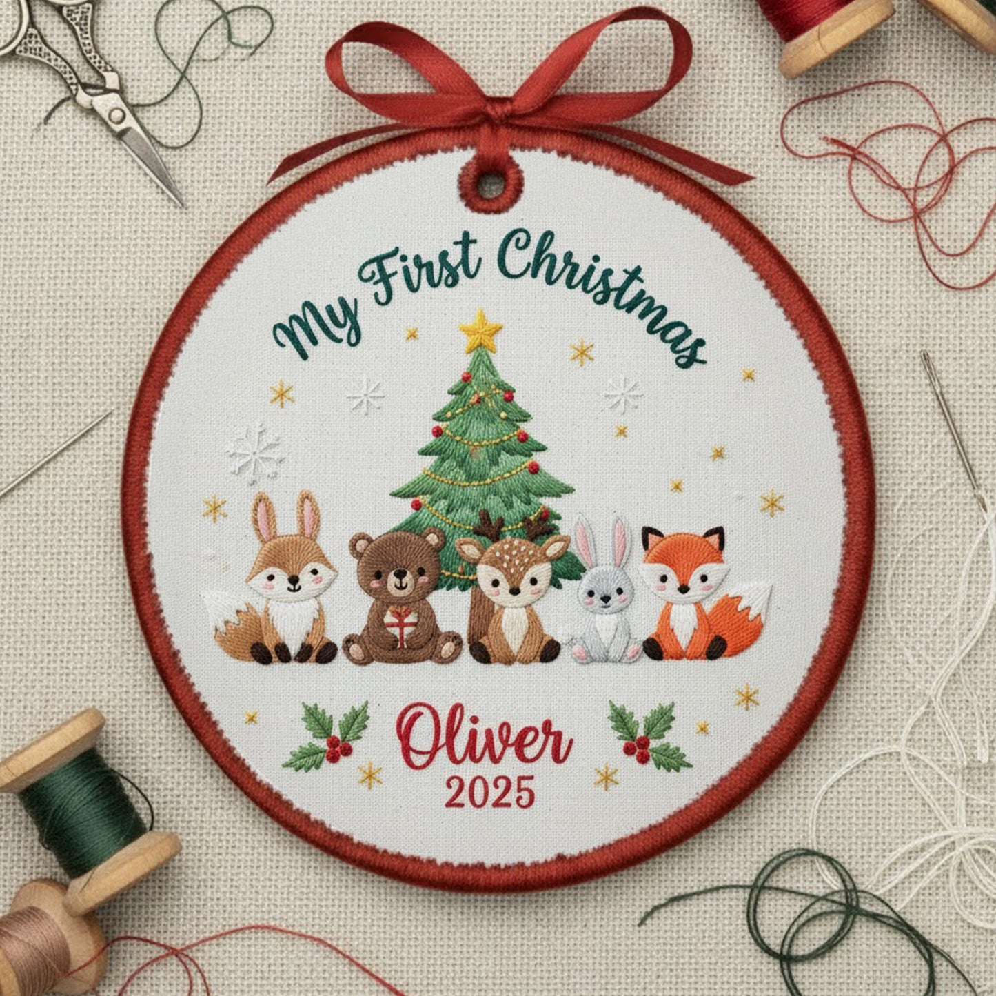 Personalized Embroidered My First Christmas Woodland Animals Ornament 2025 – Custom Canvas Keepsake Gift for Baby, Xmas Embroidered Ornament