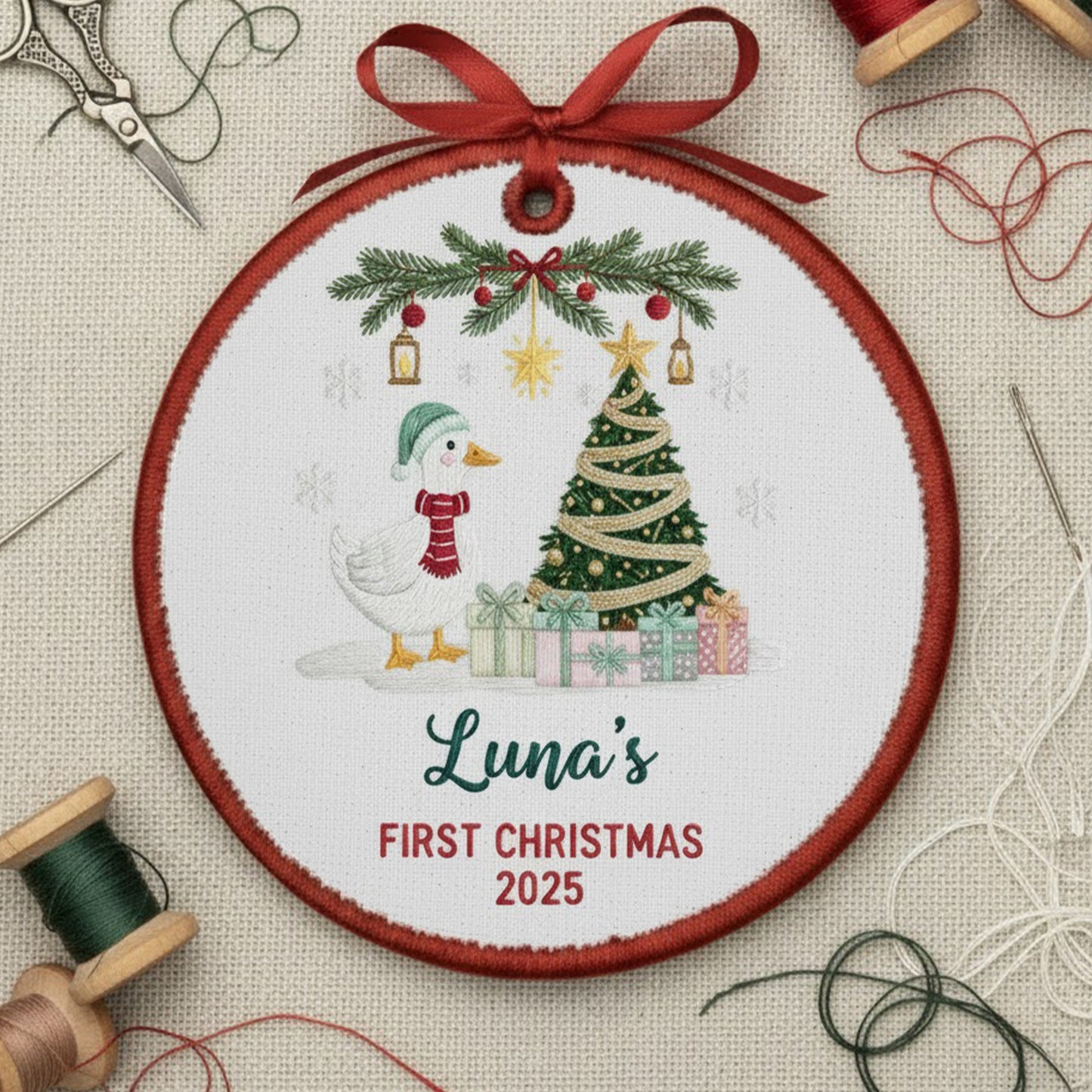 Personalized Embroidered Baby’s First Christmas Goose Ornament 2025, Custom Canvas Keepsake Gift for Newborn, Christmas Embroidered Ornament