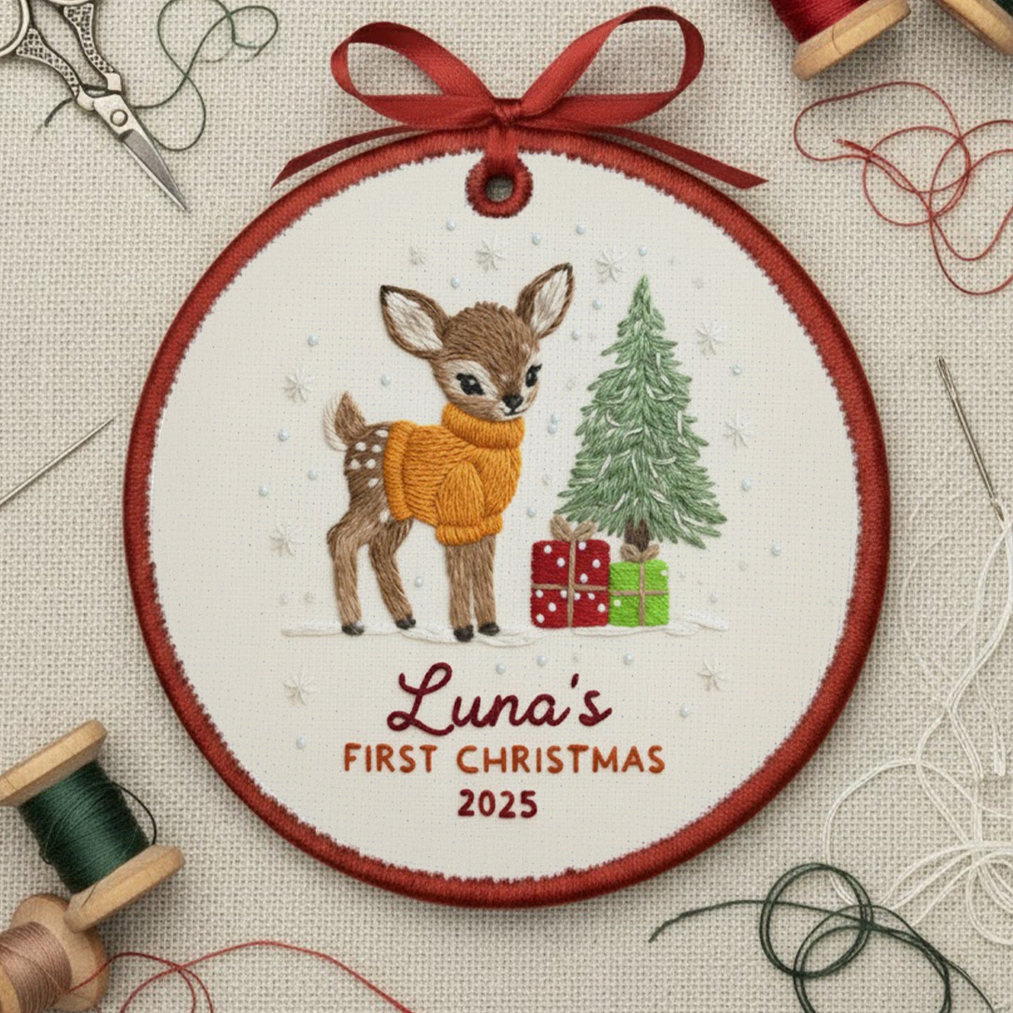 Personalized Embroidered Baby’s First Christmas Ornament 2025 – Custom Canvas Reindeer Keepsake Gift for Newborn, New Baby Gift