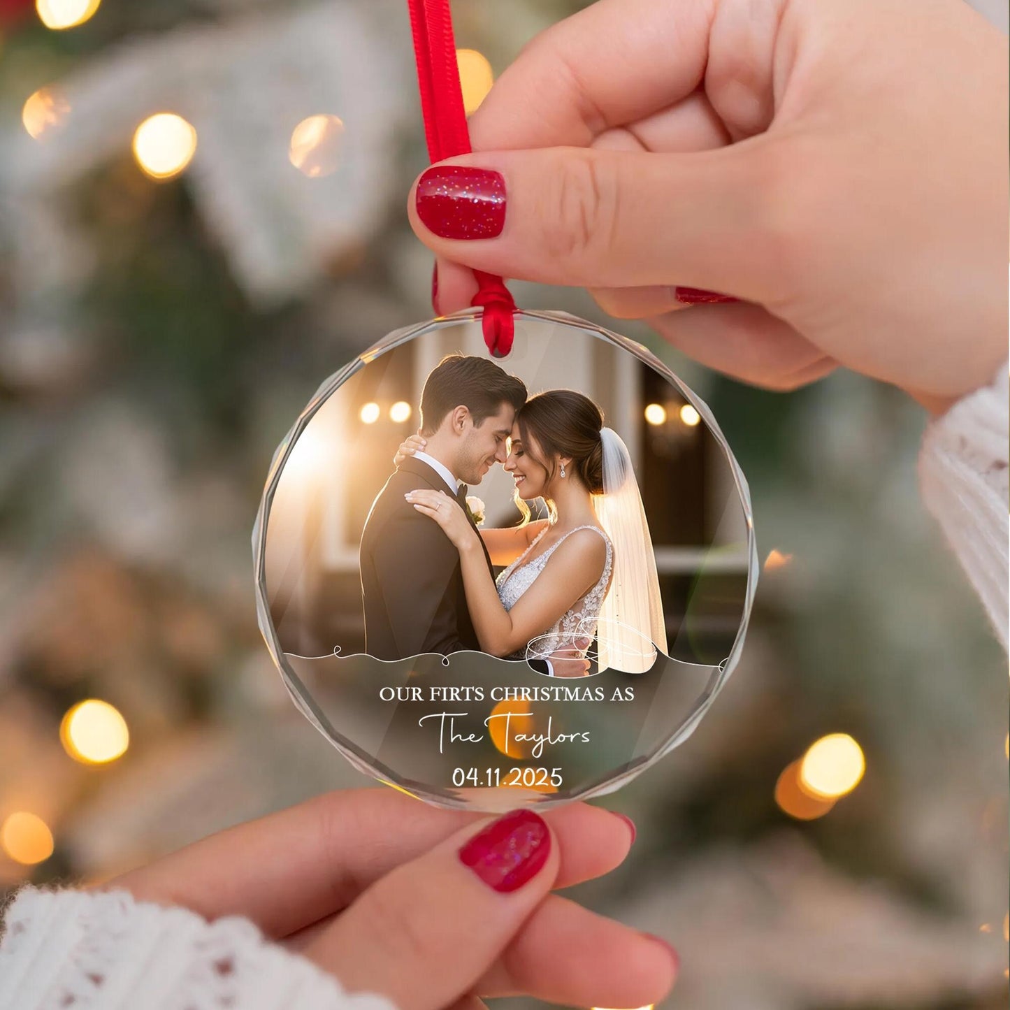 Personalized Wedding Photo Ornament, Newlywed Glass Ornament