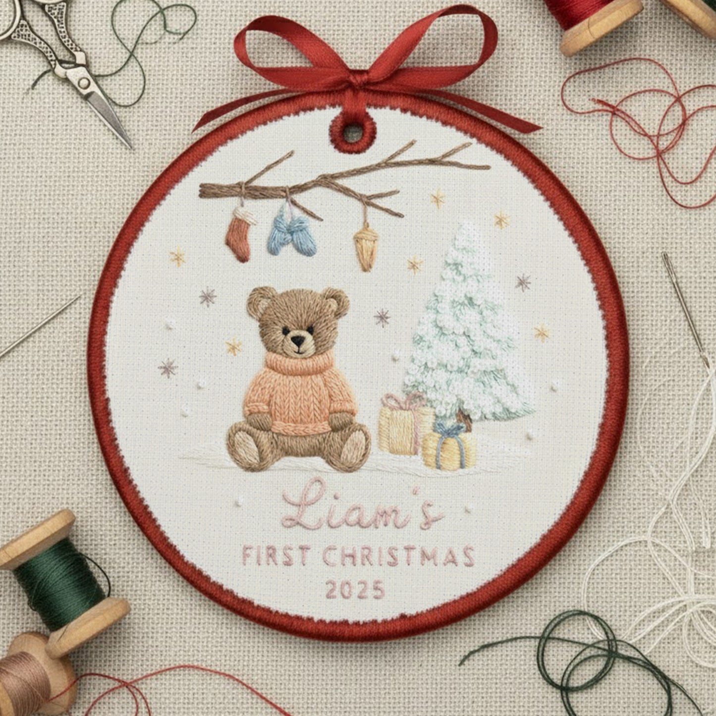 Personalized Embroidered Baby’s First Christmas Ornament 2025 – Custom Canvas Teddy Bear Keepsake Gift for Newborn, Embroidered Ornament