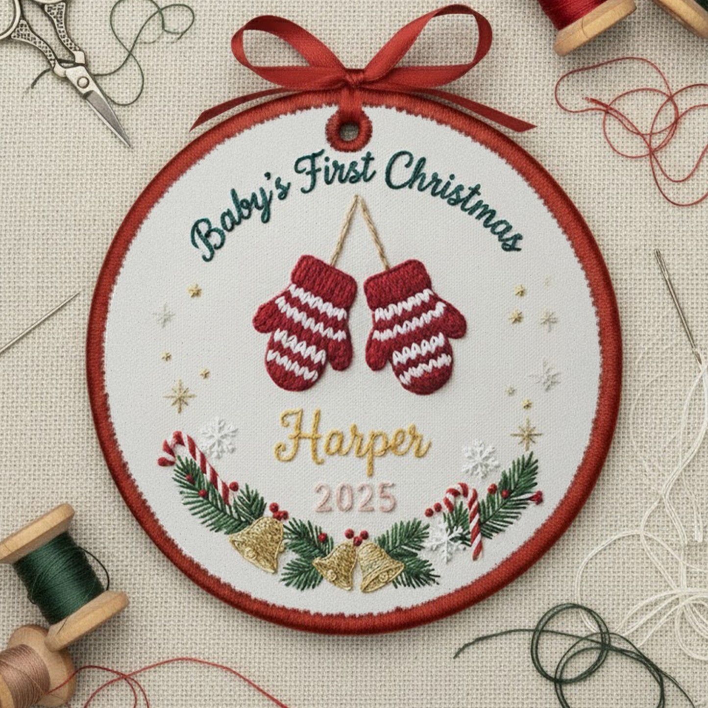 Personalized Embroidered Baby’s First Christmas Ornament 2025 – Custom Canvas Mittens Keepsake Gift for Newborn, Xmas Embroidered Ornament