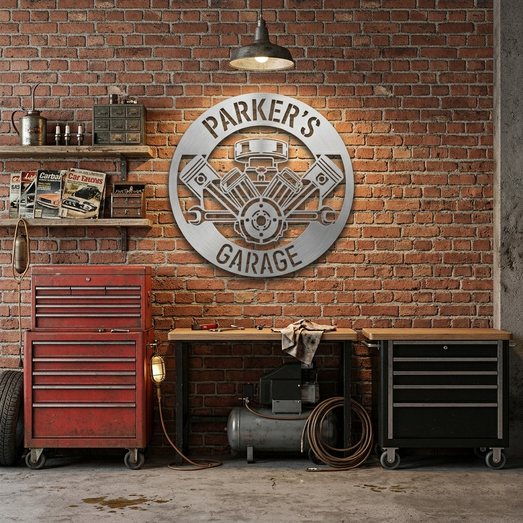Custom Garage Metal Sign – Dad Gift, Mechanic Wall Decor with Piston & Wrench