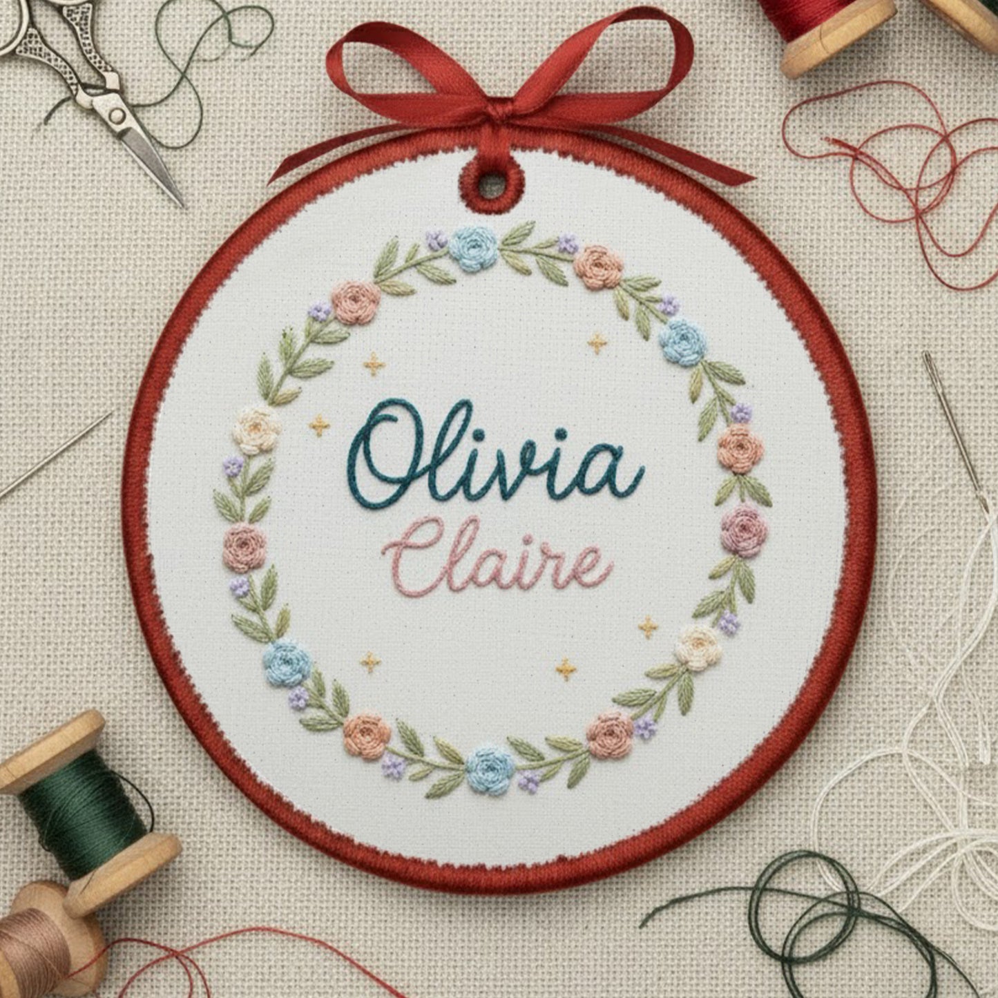 Personalized Embroidered Baby Name Hoop Ornament – Custom Floral Canvas Ornament, Nursery Wall Art & Baby Shower Gift, Embroidered Ornament