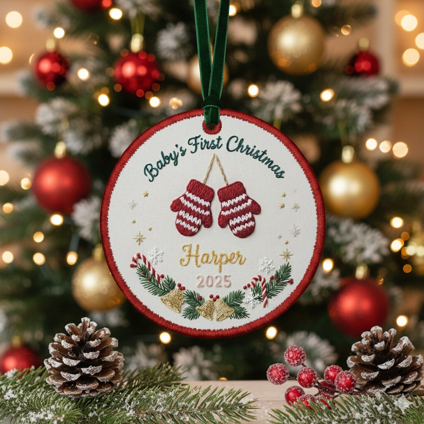 Personalized Embroidered Baby’s First Christmas Ornament 2025 – Custom Canvas Mittens Keepsake Gift for Newborn, Xmas Embroidered Ornament