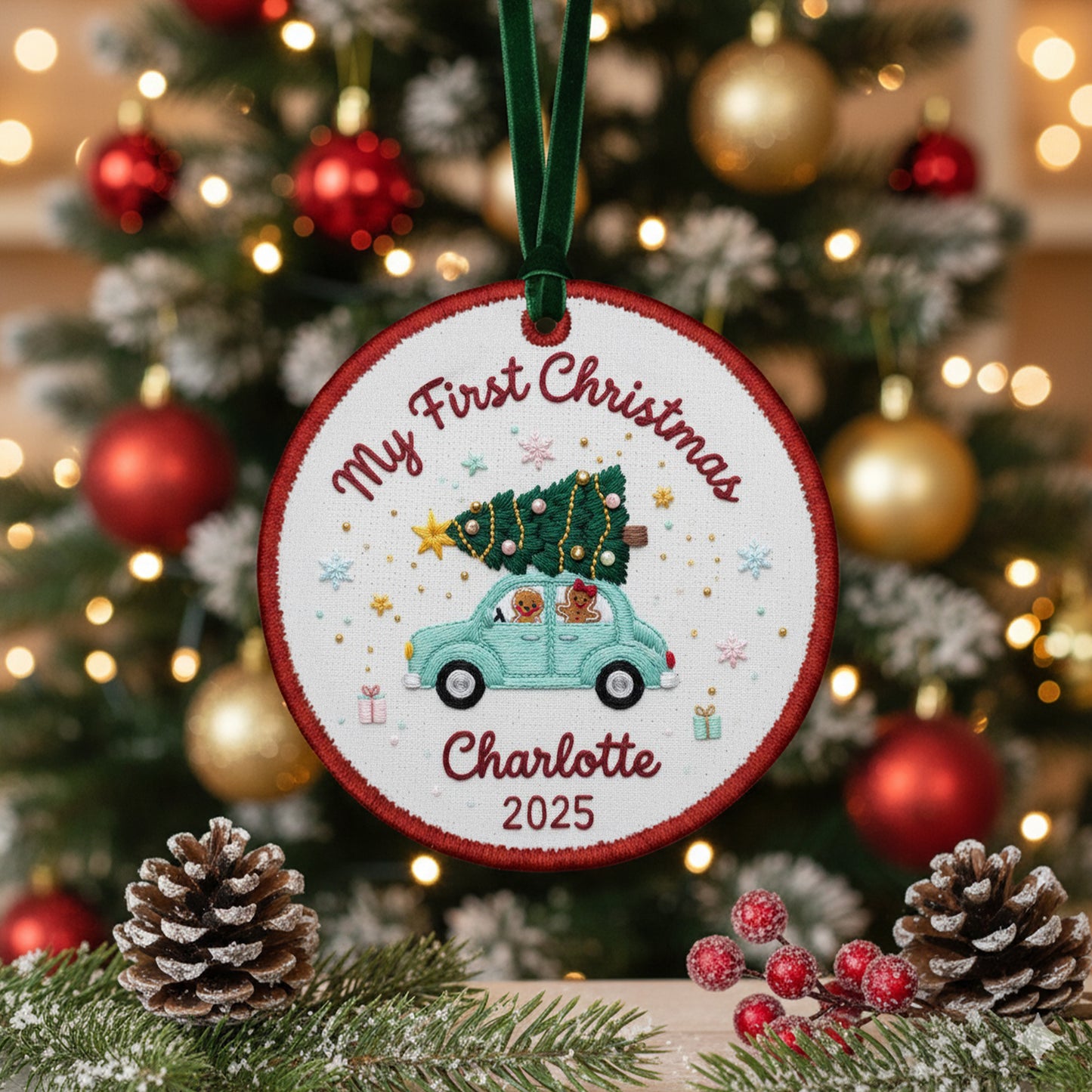 Personalized Embroidered My First Christmas Ornament 2025 – Custom Canvas Car with Tree Baby Keepsake Gift, Christmas Embroidered Ornament