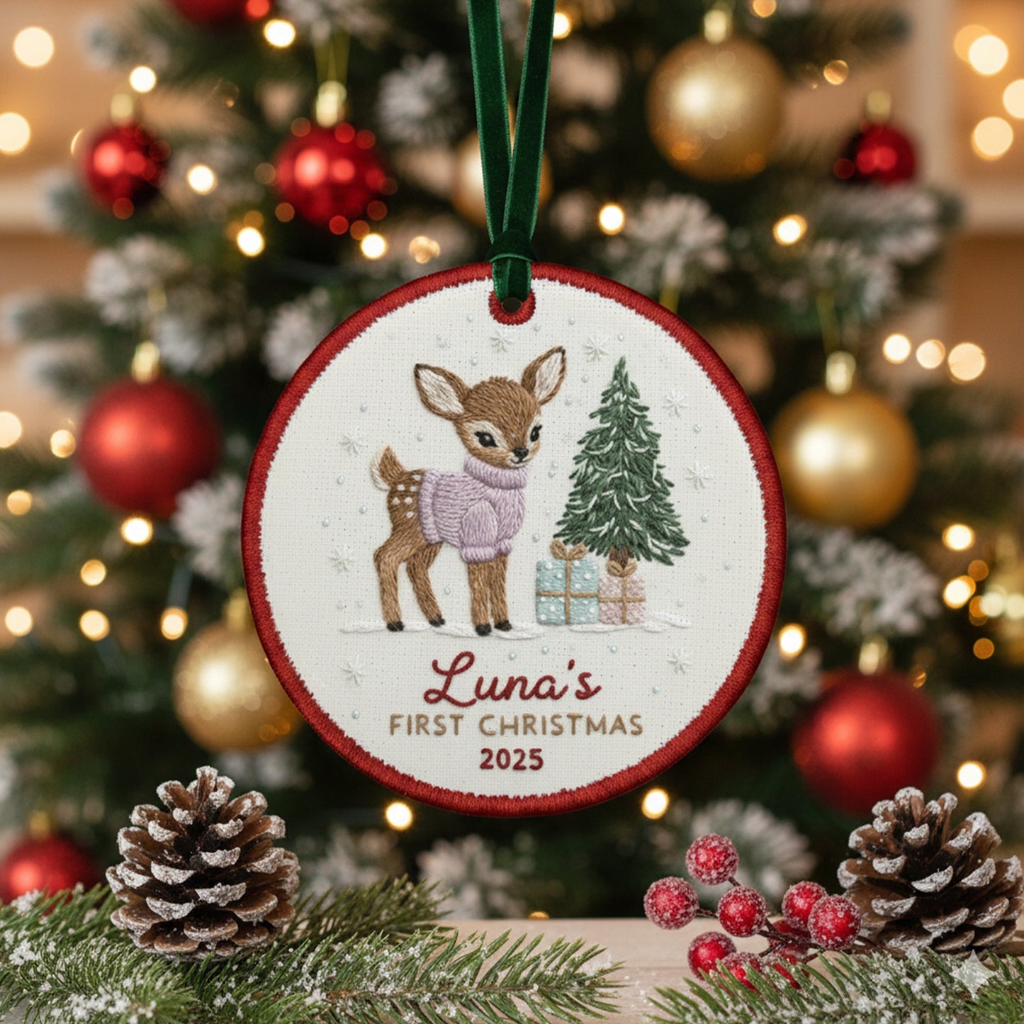 Personalized Embroidered Baby’s First Christmas Ornament 2025 – Custom Canvas Reindeer Keepsake Gift for Newborn, New Baby Gift