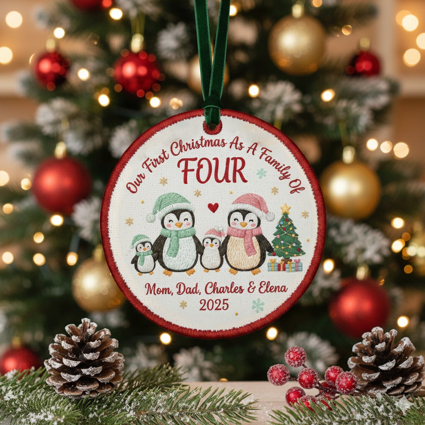 Embroidered Family of Three Penguin Christmas Ornament, Personalized Canvas Keepsake for New Family, Christmas Embroidered Ornament