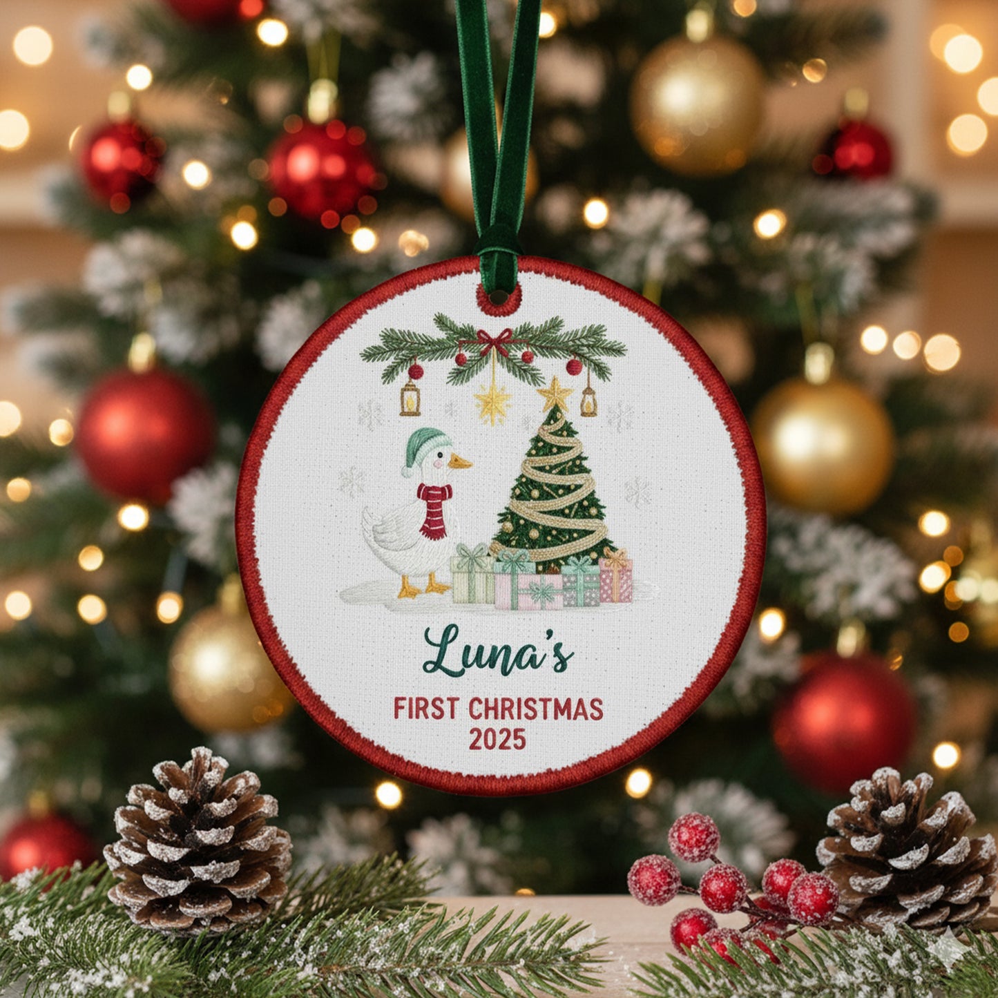 Personalized Embroidered Baby’s First Christmas Goose Ornament 2025, Custom Canvas Keepsake Gift for Newborn, Christmas Embroidered Ornament