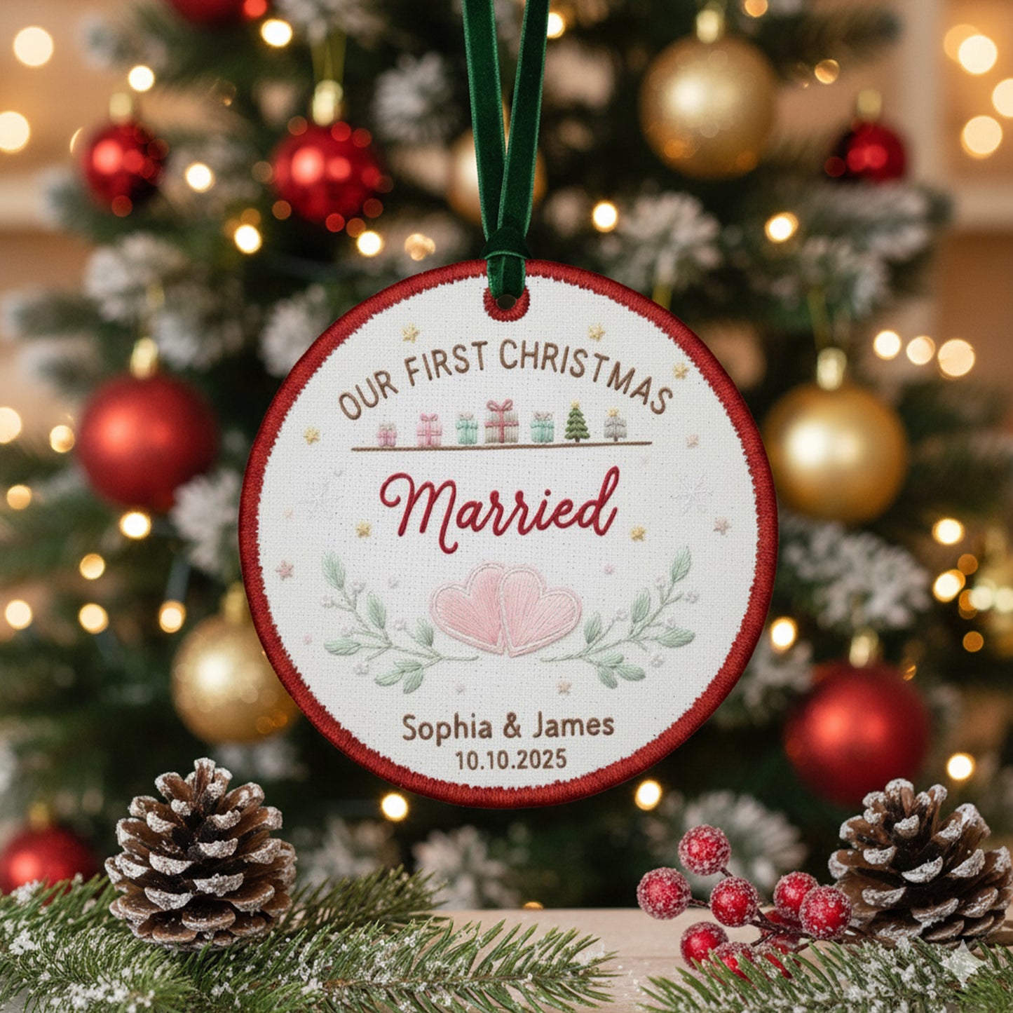 Personalized Embroidered Our First Christmas Married Ornament 2025 – Custom Canvas Wedding Keepsake Gift for Newlyweds, Embroidered Ornament