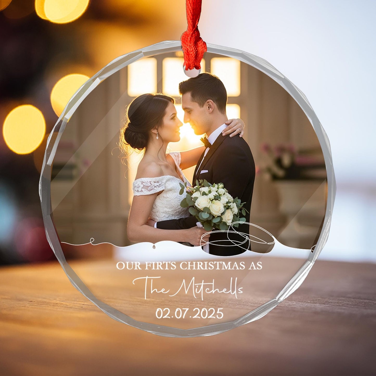 Personalized Wedding Photo Ornament, Newlywed Glass Ornament