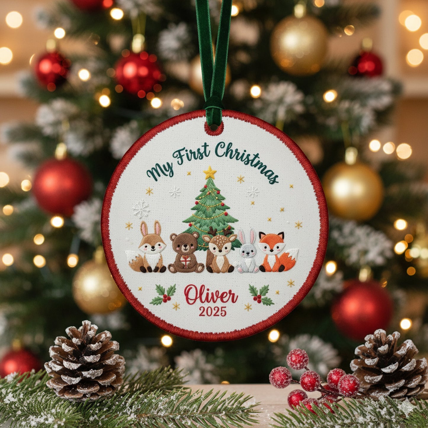 Personalized Embroidered My First Christmas Woodland Animals Ornament 2025 – Custom Canvas Keepsake Gift for Baby, Xmas Embroidered Ornament