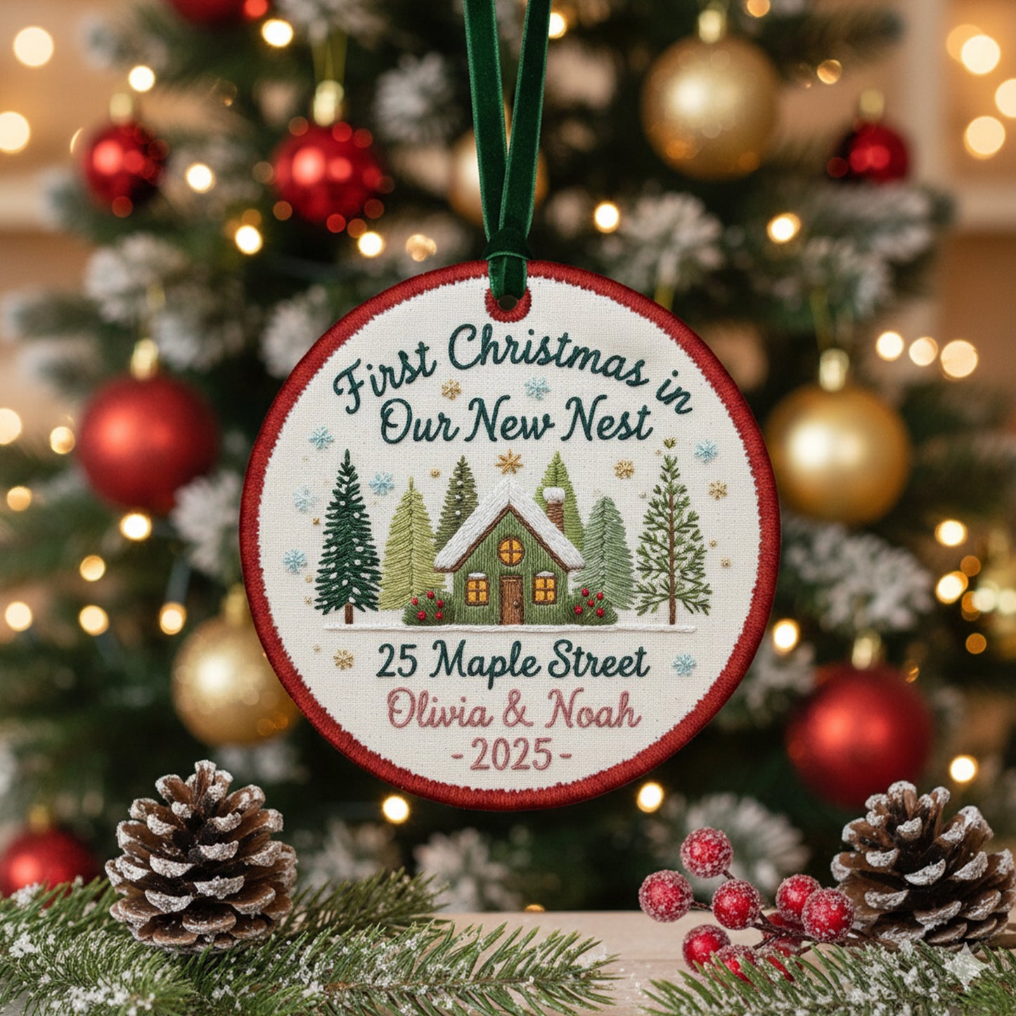 Personalized Embroidered First Christmas in Our New Home Ornament 2025 – Custom Canvas New House Keepsake Gift, Xmas Embroidered Ornament