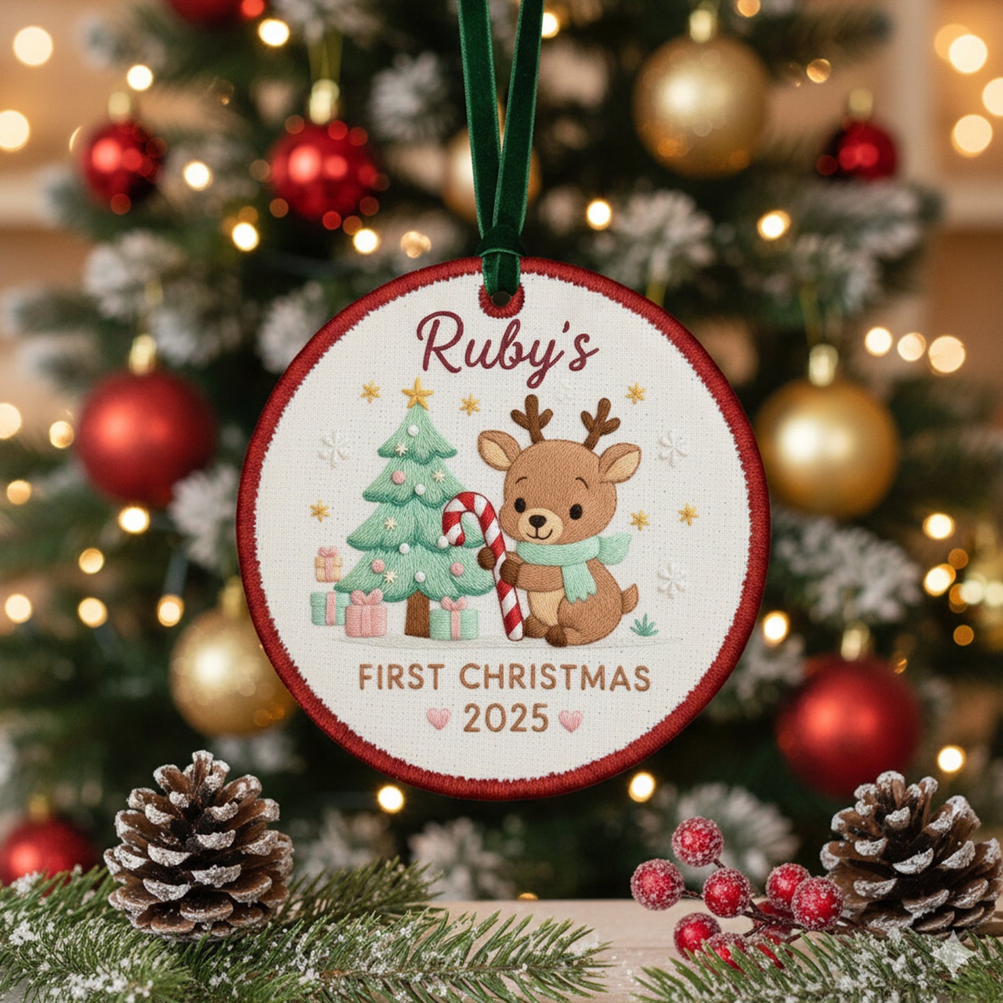 Personalized Embroidered Baby’s First Christmas Ornament 2025 – Custom Canvas Reindeer with Candy Cane Keepsake Gift, Embroidered Ornament