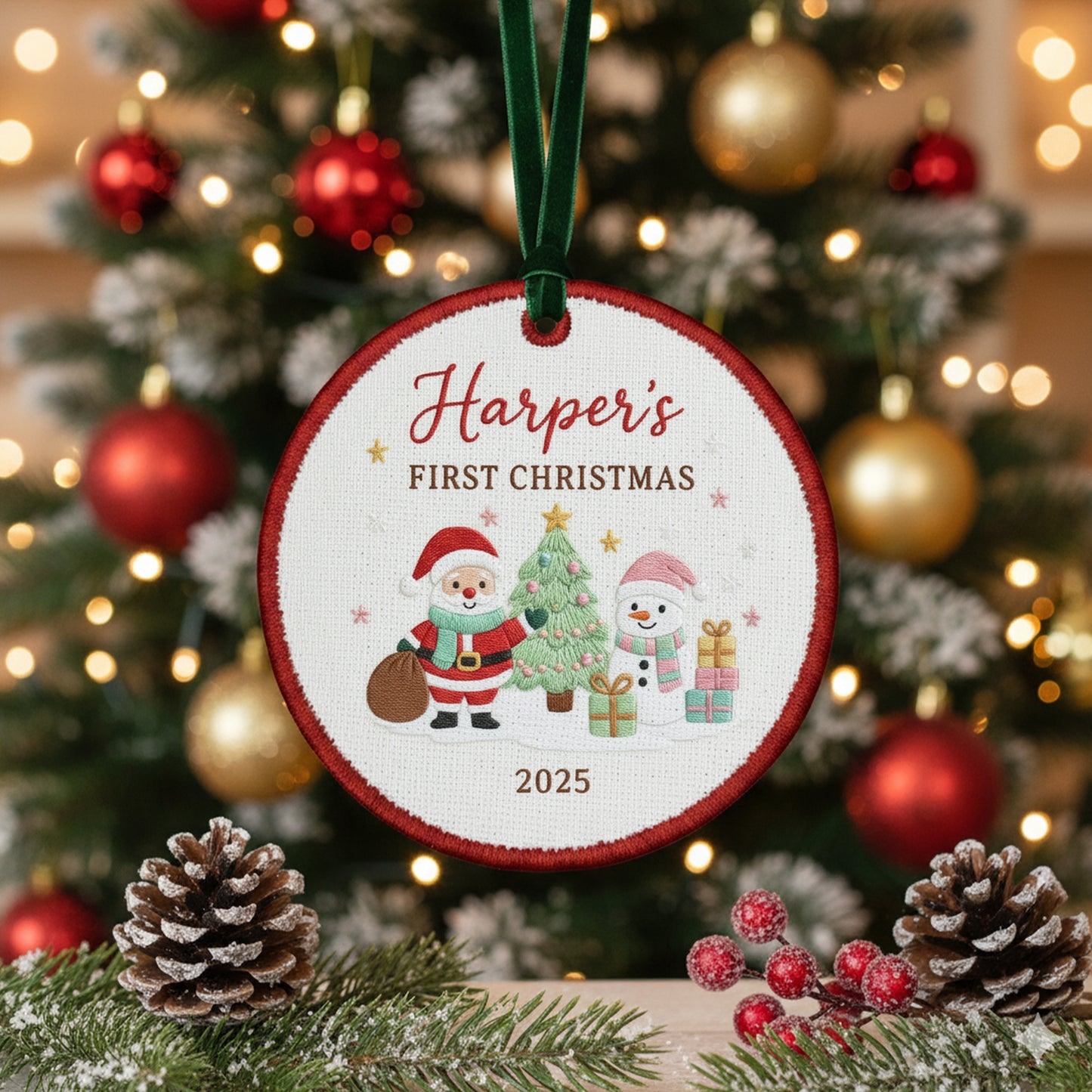 Personalized Embroidered Baby’s First Christmas Ornament 2025 – Santa and Snowman Custom Canvas Keepsake for Newborn, Embroidered Ornament