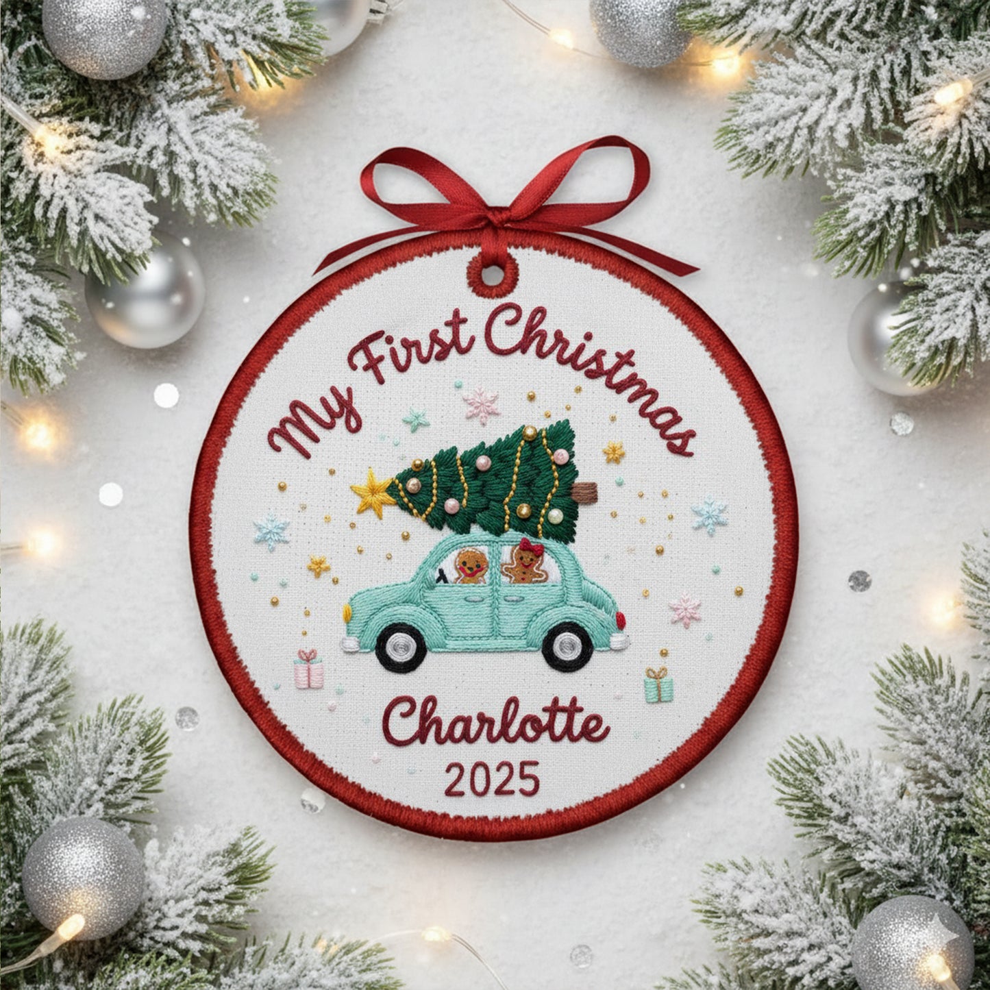Personalized Embroidered My First Christmas Ornament 2025 – Custom Canvas Car with Tree Baby Keepsake Gift, Christmas Embroidered Ornament
