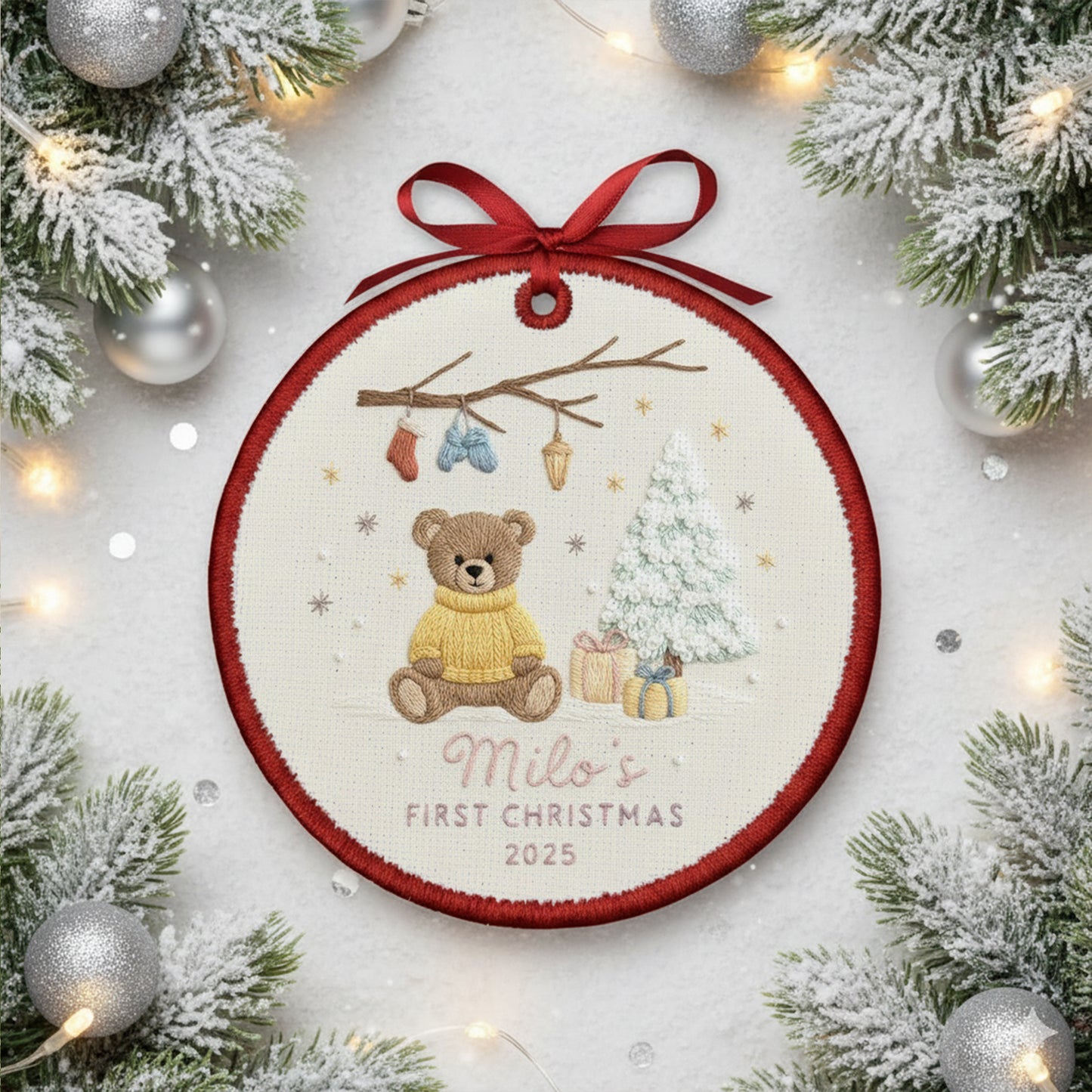 Personalized Embroidered Baby’s First Christmas Ornament 2025 – Custom Canvas Teddy Bear Keepsake Gift for Newborn, Embroidered Ornament