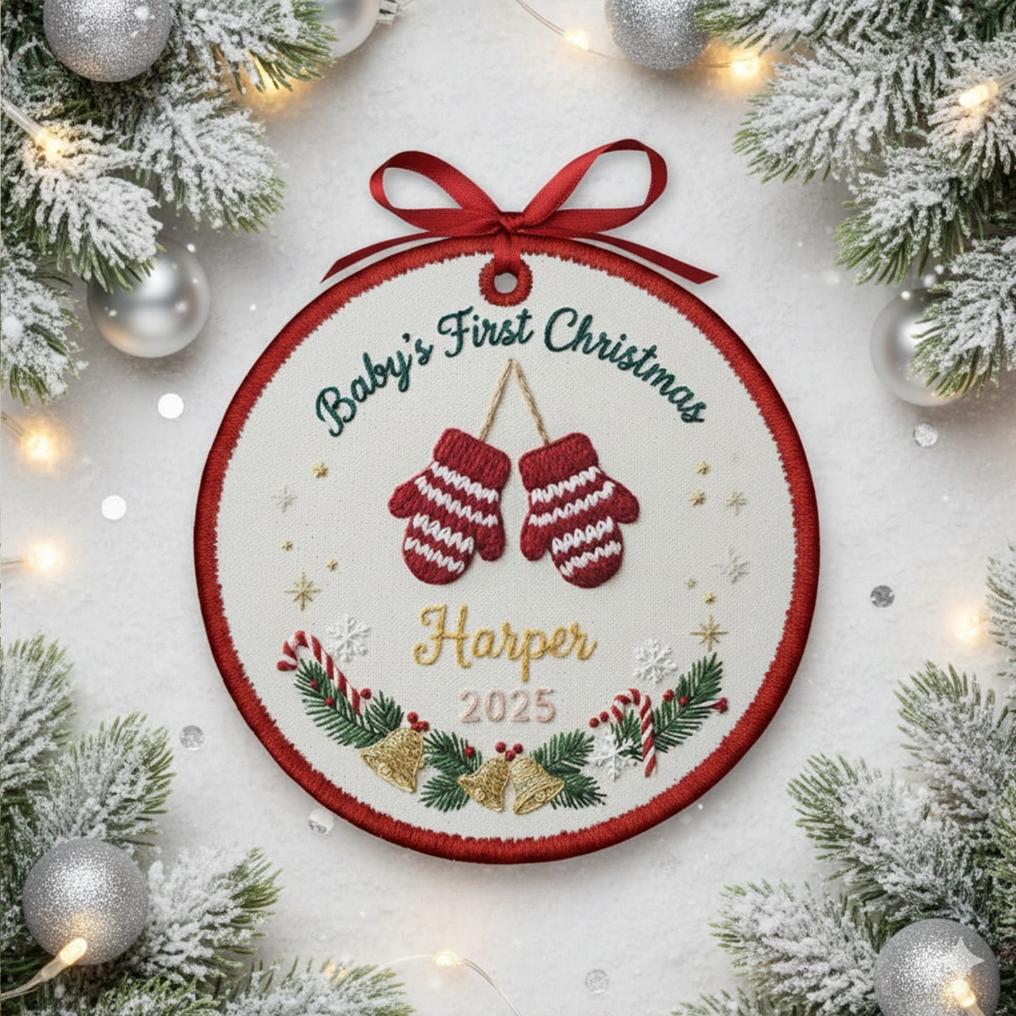 Personalized Embroidered Baby’s First Christmas Ornament 2025 – Custom Canvas Mittens Keepsake Gift for Newborn, Xmas Embroidered Ornament
